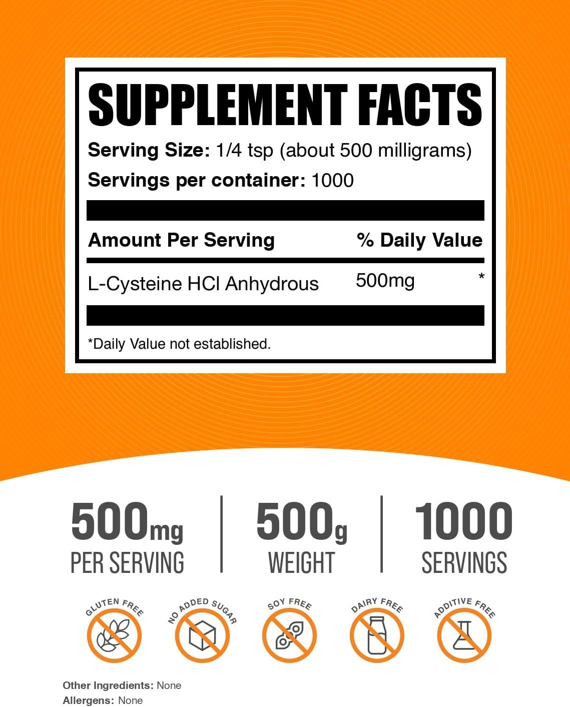 BulkSupplements.com L-Cysteine HCl Powder - NAC Supplement, Amino Acid Supplement - Gluten Free, 500mg per Serving, 500g (1.1 lbs) (Pack of 1)