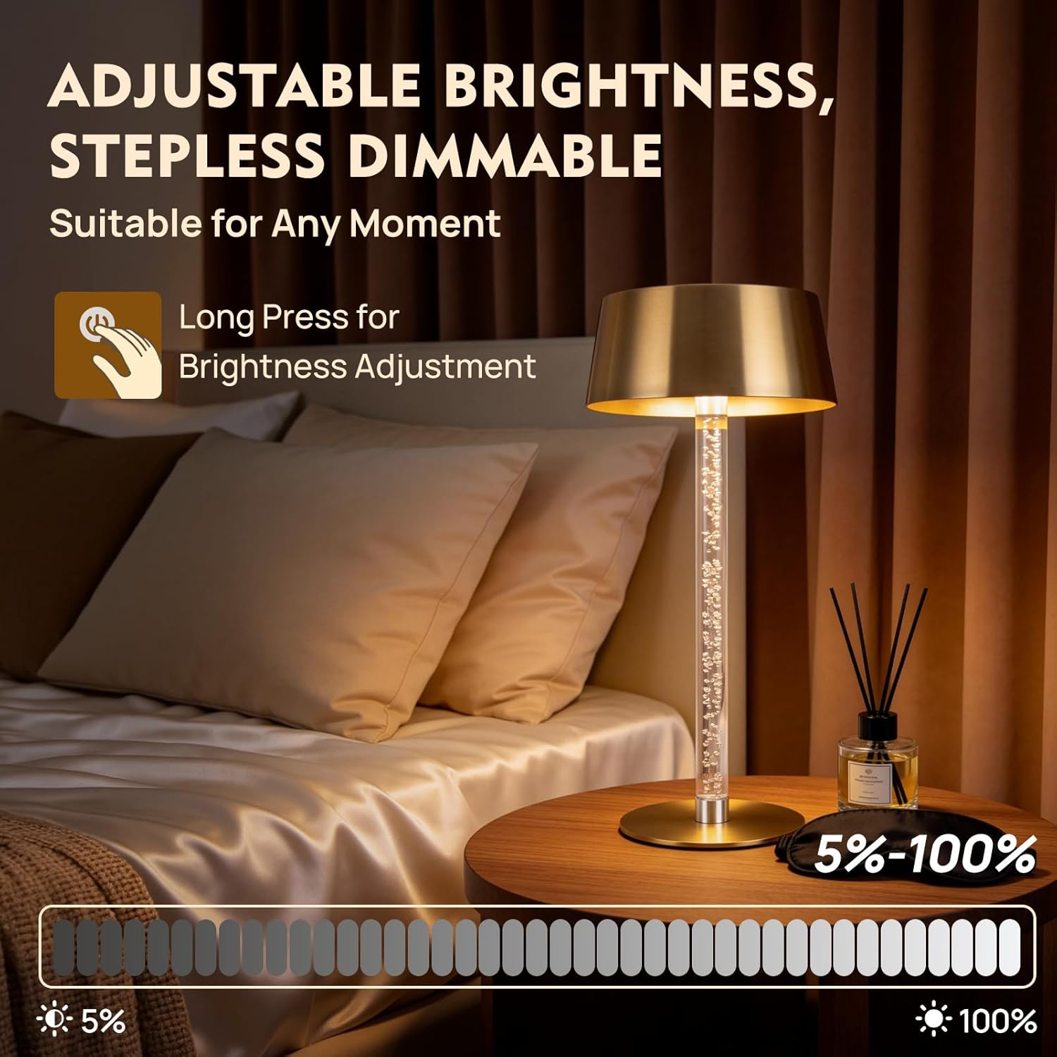 Waterproof Shower Rechargeable Lamp Cordless, LED Touch Battery Operated Table Lamp, Dimmable, Modern Home Decor, Outdoor, Patio, Bathroom, Bedroom, Bedside, Kitchen, Gold