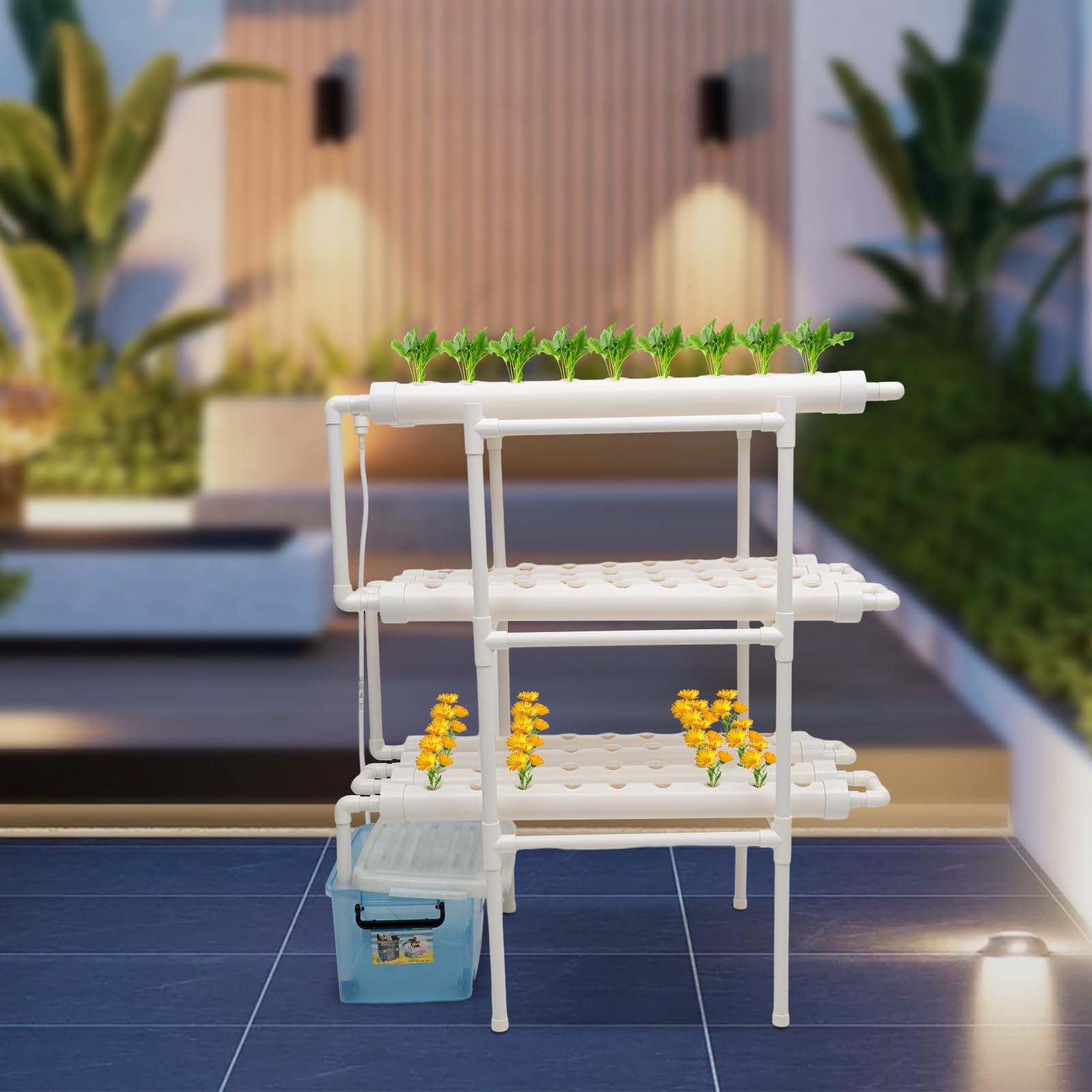 Hydroponics Growing System, 108 espacios para plantas, 3 capas, kit de cultivo hidropónico, con bomba de agua, manguera de 1,2 m de longitud y tubos de PVC de grado alimenticio, para jardín