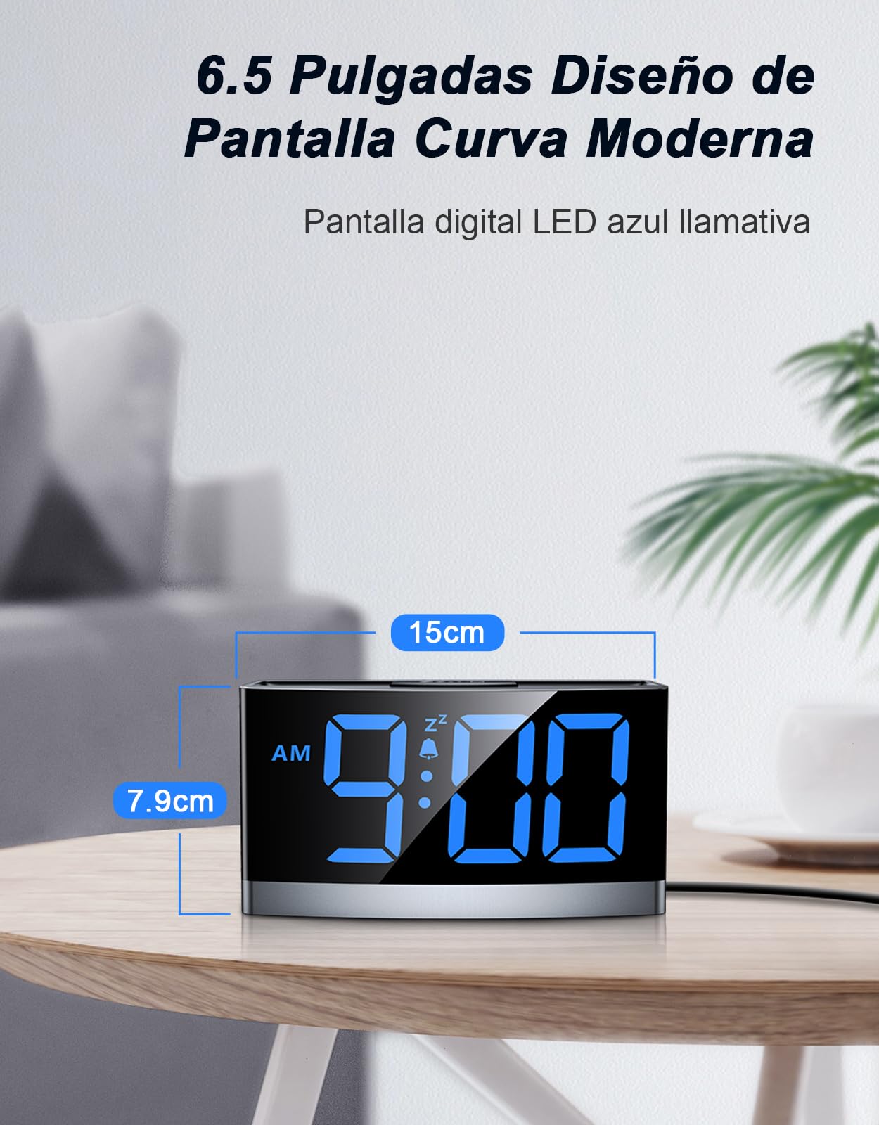 Reloj Digital para Dormitorios, Despertador Inteligente con Números LED Azules, 5 Niveles de Brillo & Volumen, 3 Tonos de Alarma, Snooze, 12/24H, Alimentado por USB (Adaptador No Incluido)