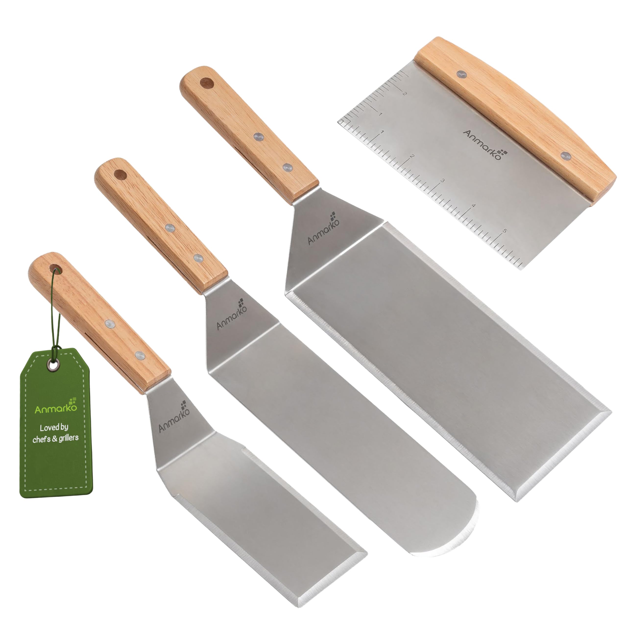 Edelstahl Metall Pfannenwender Set - Grillschaber Flachspachtel Pfannkuchen Flipper Hamburger Pfannenwender - Metall Utensil ideal für BBQ Grill flache Oberseite Gusseisengrill - Zubehör