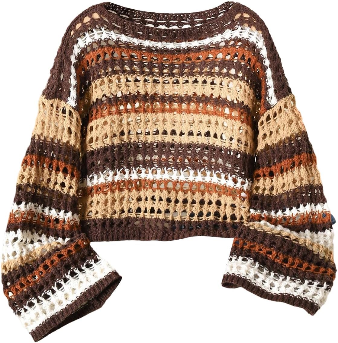 GORGLITTER Women's Plus Size Crochet Long Sleeve Tops Dressy Casual Color Block Going Out Top Lightweight Knit Tops