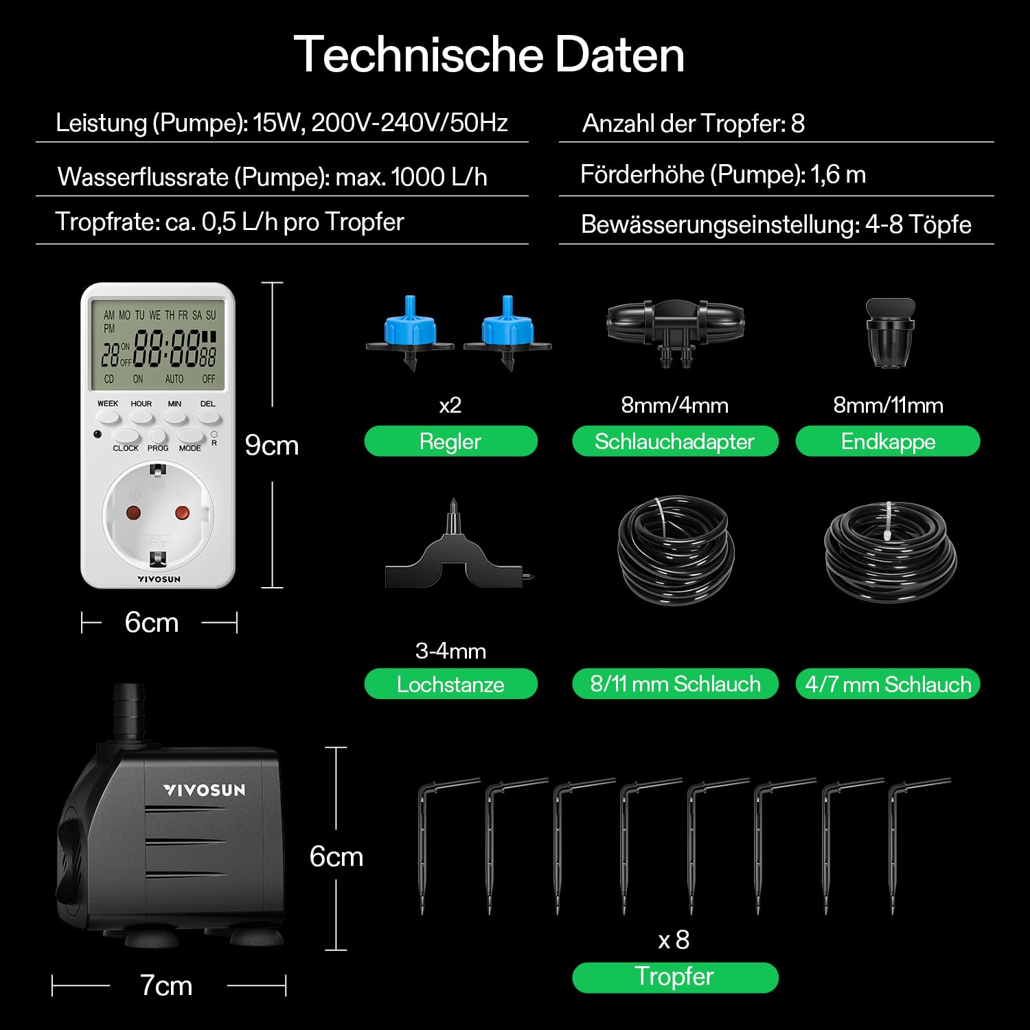 VIVOSUN Bewässerungssystem automatisches Tropfbewässerungsset 15W mit Pumpe,Timer und Regler,8 Tropfer für Indoor und Outdoor Pflanzen