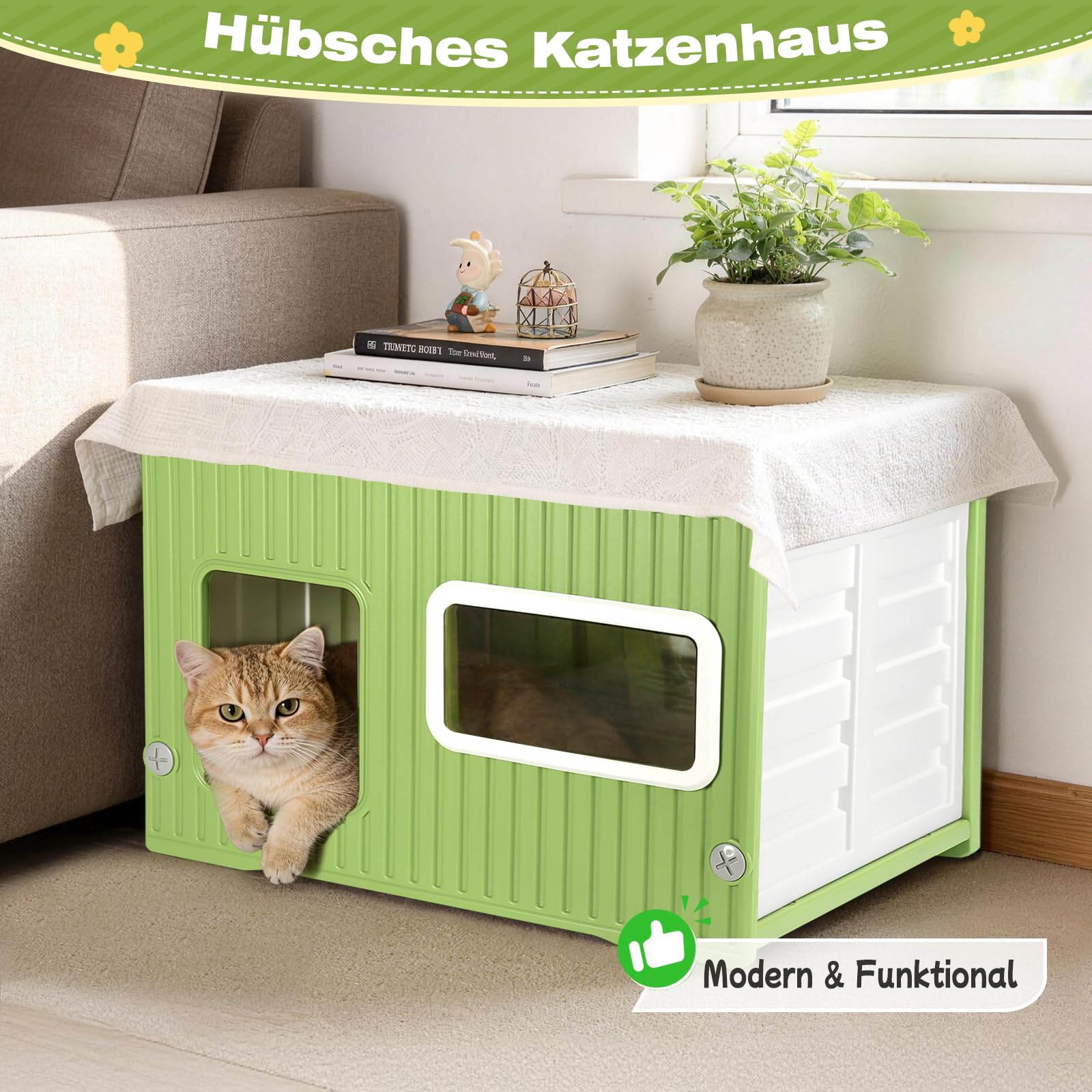 Katzenhaus Outdoor & Indoor Wetterfest – Stapelbare Katzenhöhle aus Kunststoff mit Acrylfenster, moderner Katzenunterstand für Balkon & Garten, für Katzen, kleine Hunde & Kleintiere (56×38,5×36,5 cm)