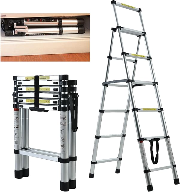 5+6 Step Ladder Aluminium Telescopic 6 Tread Tall Stepladder Heavy Duty 150kg/330lbs Capacity Non Slip Safety Ladder EN131 Standard for Home Office