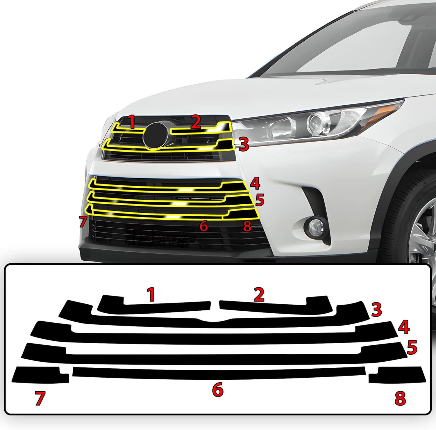 BOGAR TECH DESIGNS for Toyota Highlander 2016-2019 Front Chrome Delete – Precut Vinyl Overlay Kit, Gloss Black Blackout Trim