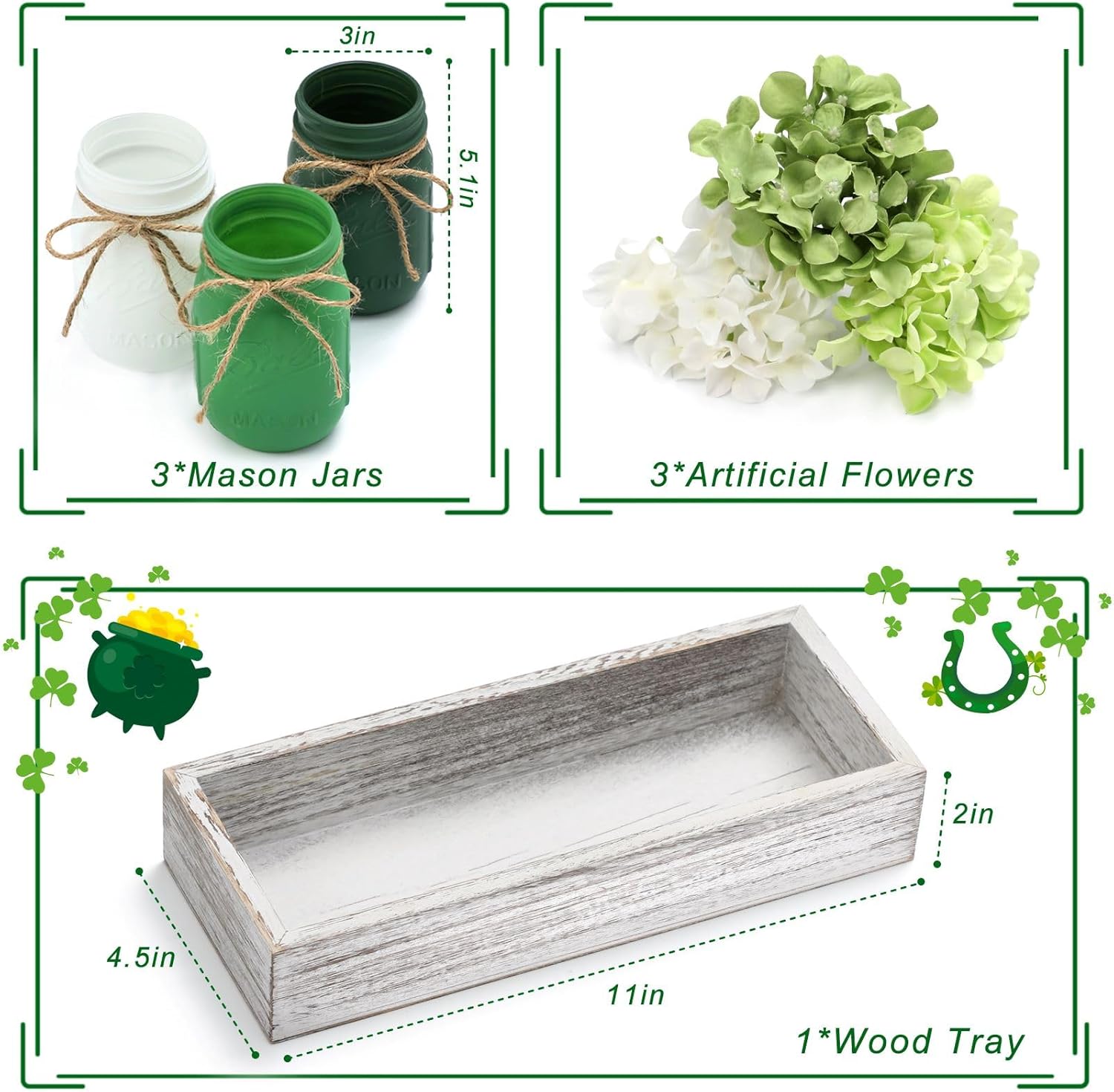 St Patricks Day Mason Jar Decorations, Green Mason Jar Centerpiece for Table with Wood Tray & Flowers, Set of 3 Decorative Jars for St Patrick Green Table Decor, Spring Decor - Image 4