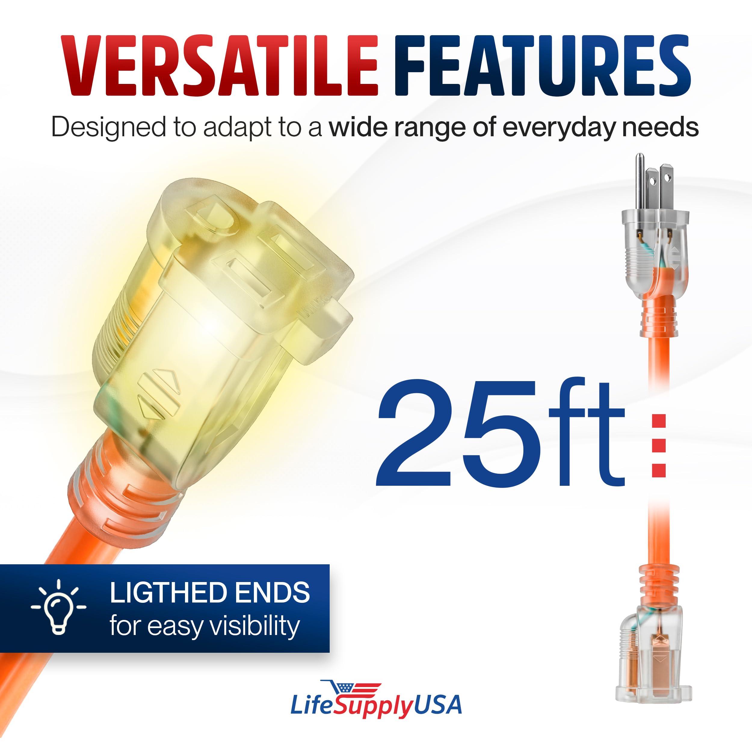 LifeSupplyUSA - Cable de extensión de alimentación de 25 pies, interior y exterior, resistente, 3 puntas SJTW, calibre 12, extremo iluminado, durabilidad extra, 15 amperios, 125 voltios, 1875 vatios,