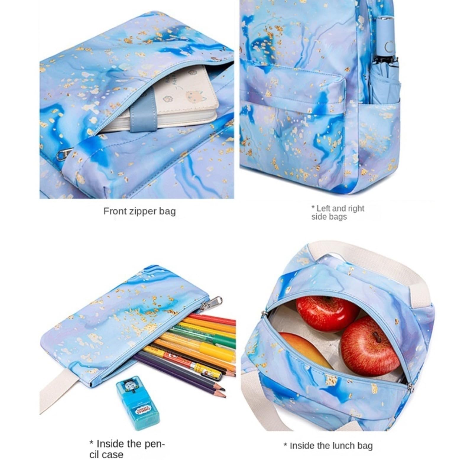 Zaino da Viaggio Borse Scolastiche 3pcs per Ragazze Set Scolastico Carino Libro Borsa Scuola Impermeabile con Pranzo Cassa A Matita