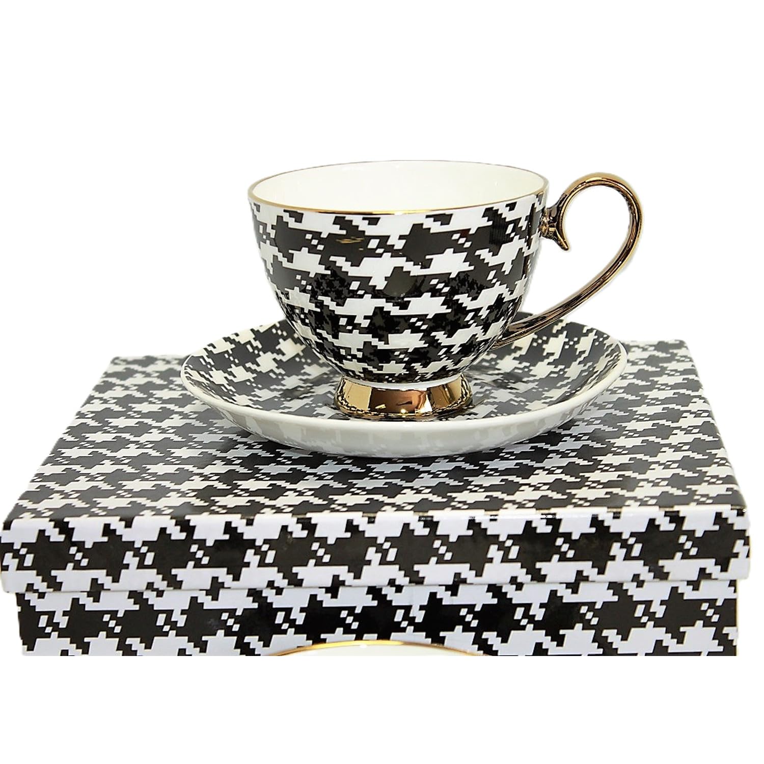 Set di 2 Tazzine da Caffè in Porcellana con Piattino, Motivo Pied de Poule Bianco e Nero, Dettagli Dorati, Elegante Confezione Regalo
