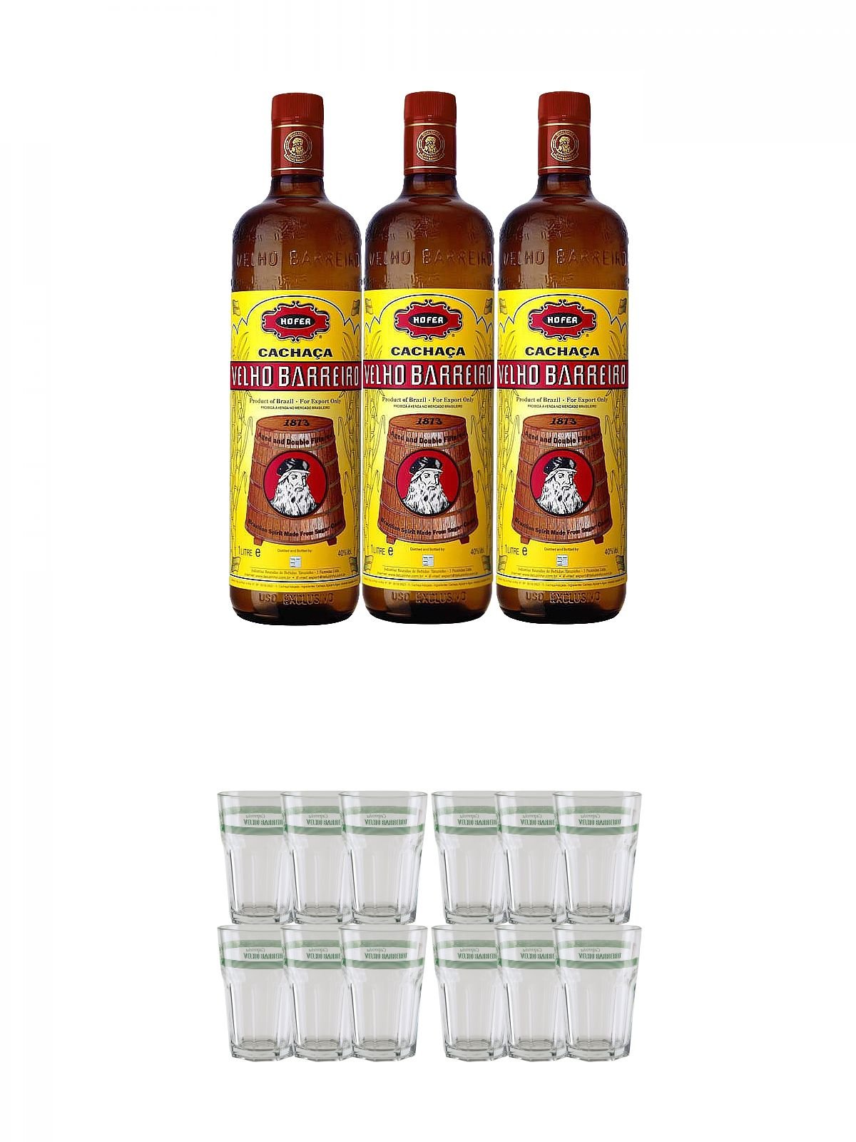 Velho Barreiro Silver Cachaca Originalabfüllung 3 x 1,0 Liter + Velho Barreiro Caipirinha Glas 6 Stück + Velho Barreiro Caipirinha Glas 6 Stück