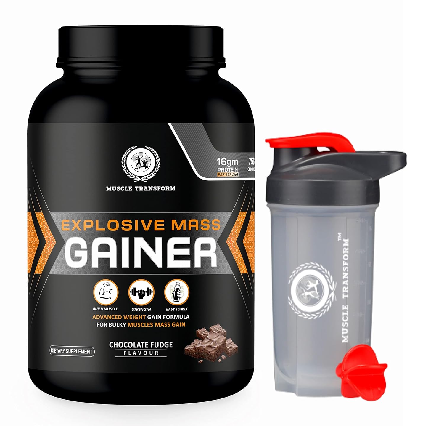 Muscle Transform Explosive Mass Gainer Protein Powder | 756 Calories & 16g Protein | Mass Lean Mass Gainer | Mass Gainer Protein Powder for Muscle Gain | Weight Gainer Protein Powder for Men [Chocolate Fudge, 1Kg] Free Shaker