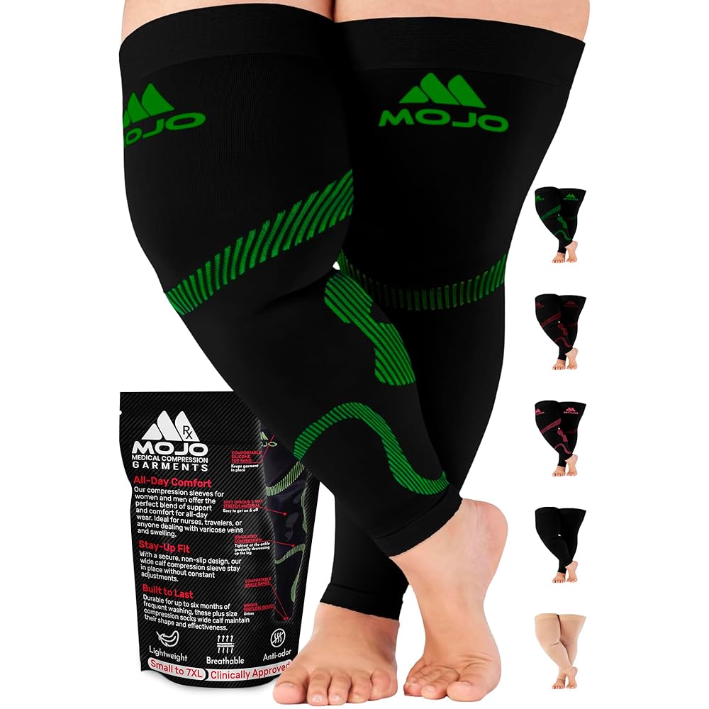 Mojo - Compression Socks Footless for Women and Men 20-30mmHg - Extra Wide Compression Full Leg Sleeve for Varicose Veins Circulation, Lymphedema, DVT - Black/Green, 3X-Large - A609