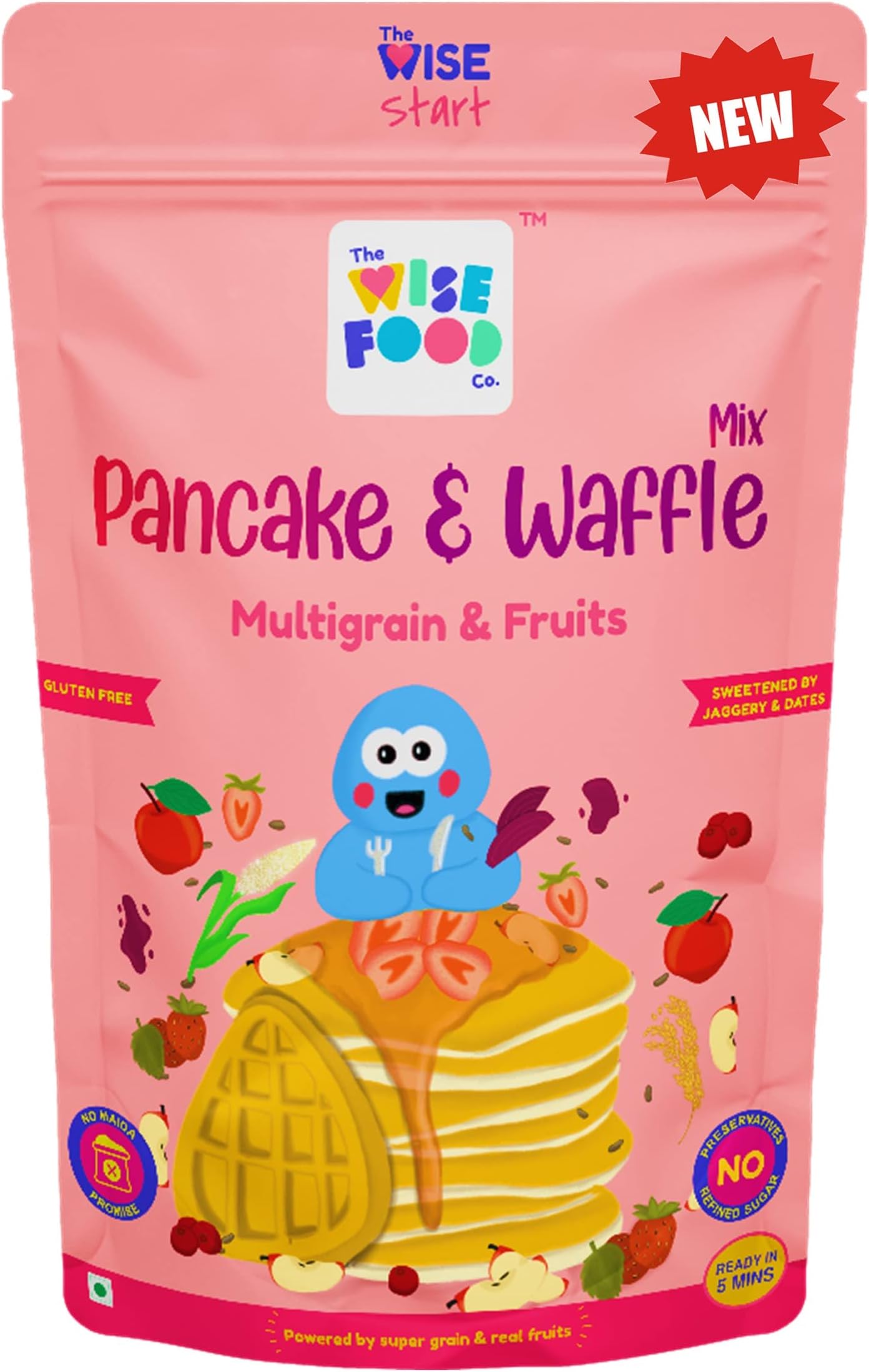 The Wise Food Co Multigrain & Fruit Pancake & Waffle Mix, Millets & Oats, No Maida (Gluten Free), Real Strawberry No Preservatives, Refined Sugar (Multigrain & Fruit, 200 Gram)