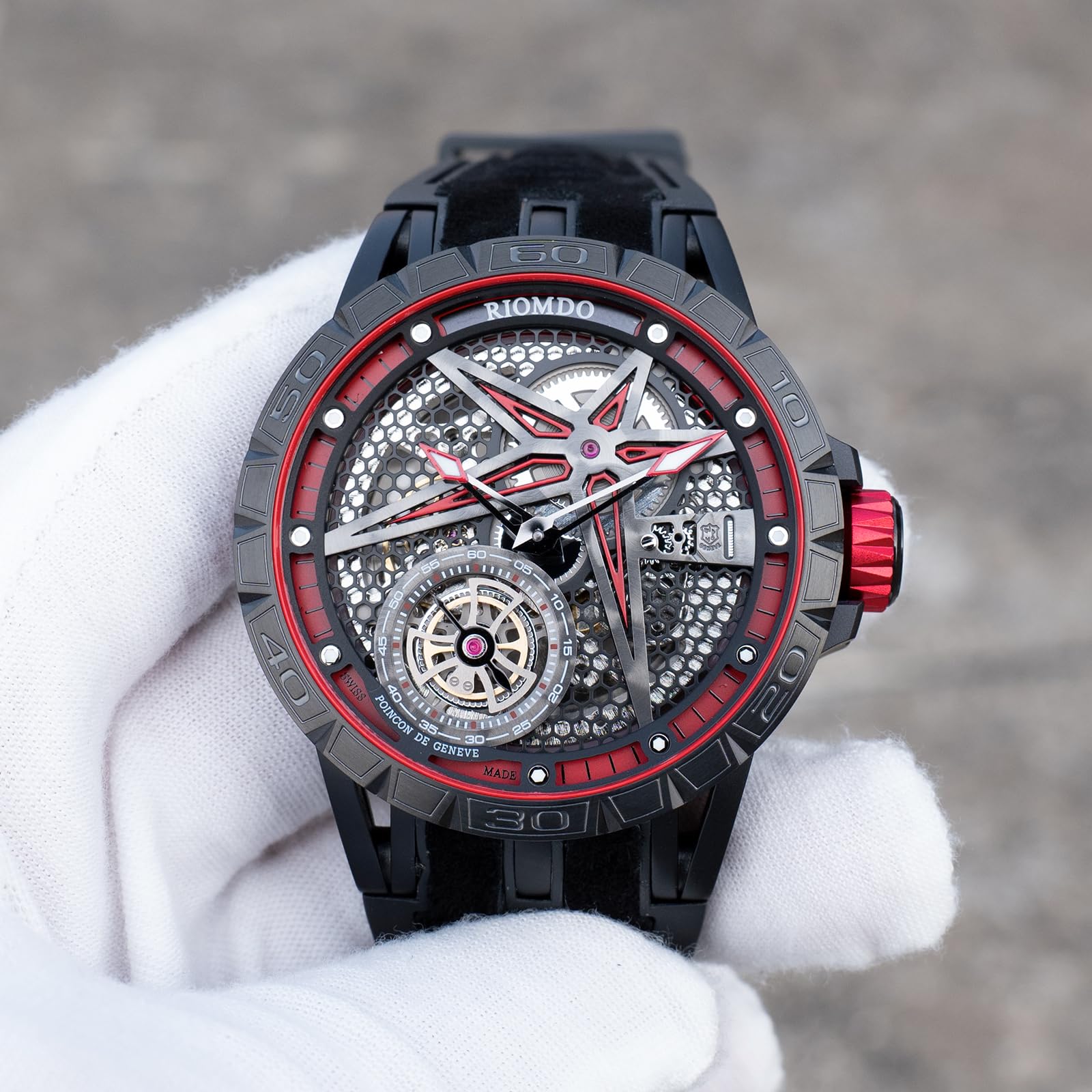 OBLVLO Męski 46 mm mechaniczny automatyczny zegarek maszynowy z wydrążoną tarczą 50 m wodoodporny gumowy pasek wojskowy zegarek RD-901