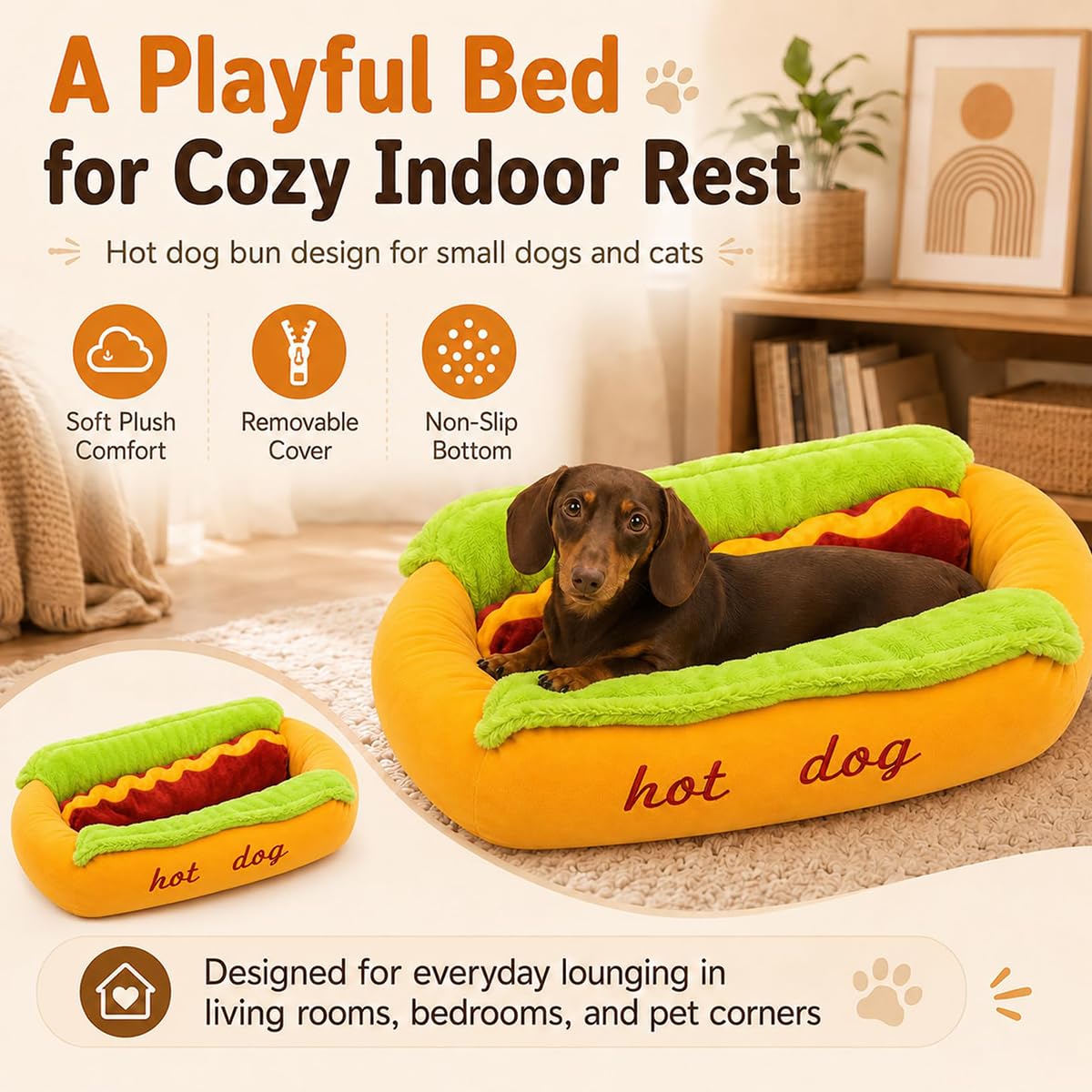 Cuccia a forma di hot dog, cuccia per cani e gatti, lavabile, tappetino rimovibile, base antiscivolo, chiusura lampo, letto per animali domestici rimovibile (M)