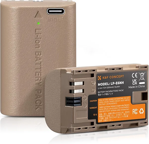 K&F Concept 2-Pack LP-E6NH Battery with USB-C 2H Fast Charging R7 Battery Compatible with Canon R7 R6 R5, 5D 6D 7D Mark II III IV, 90D 80D 70D, 2250mAh