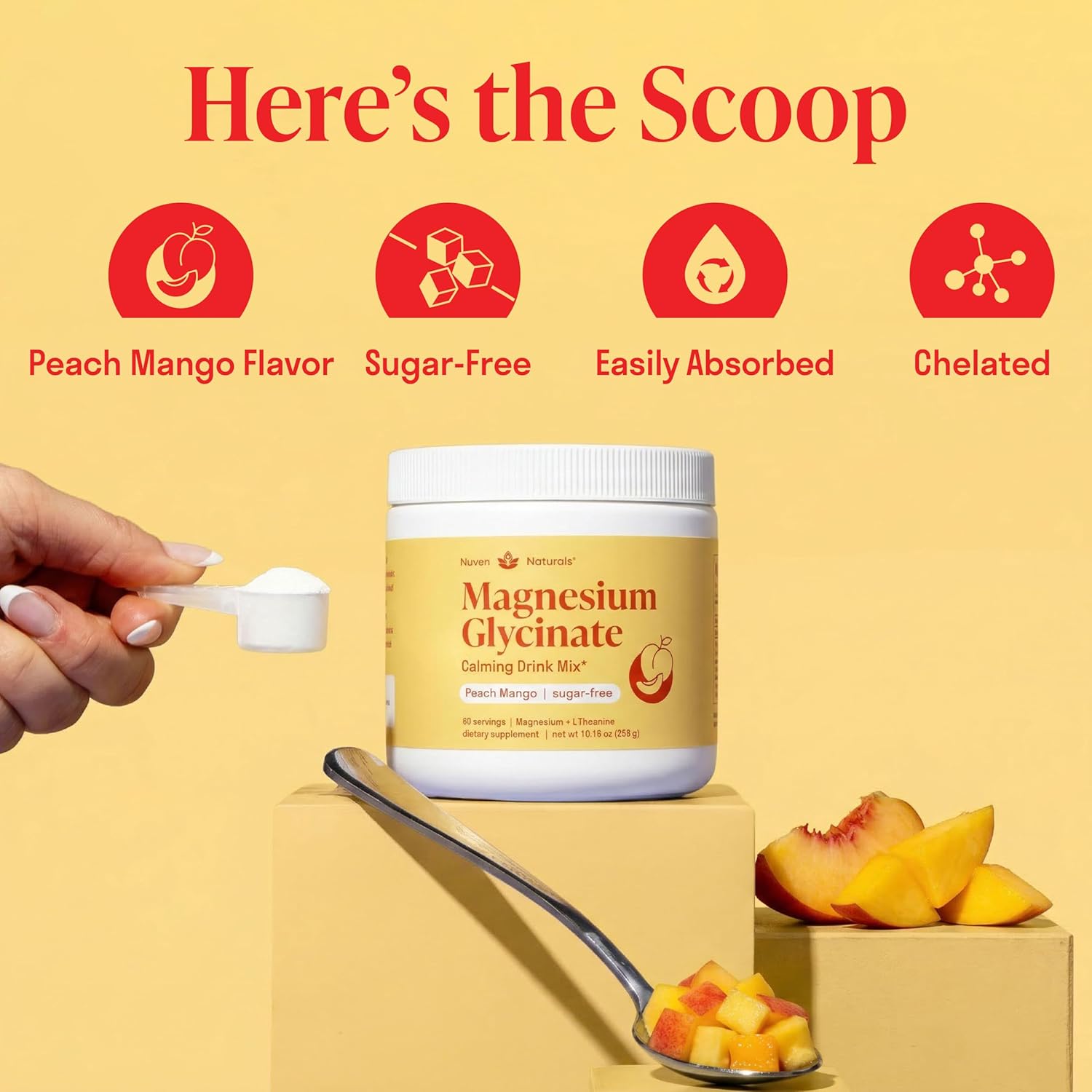 Magnesium Glycinate Powder + L-Theanine | 60 Servings | 300 mg per Scoop High Absorption Chelated Magnesium Powder for Sleep - Peach Mango Flavor, No Sugar, Support Restful Sleep & Relaxation