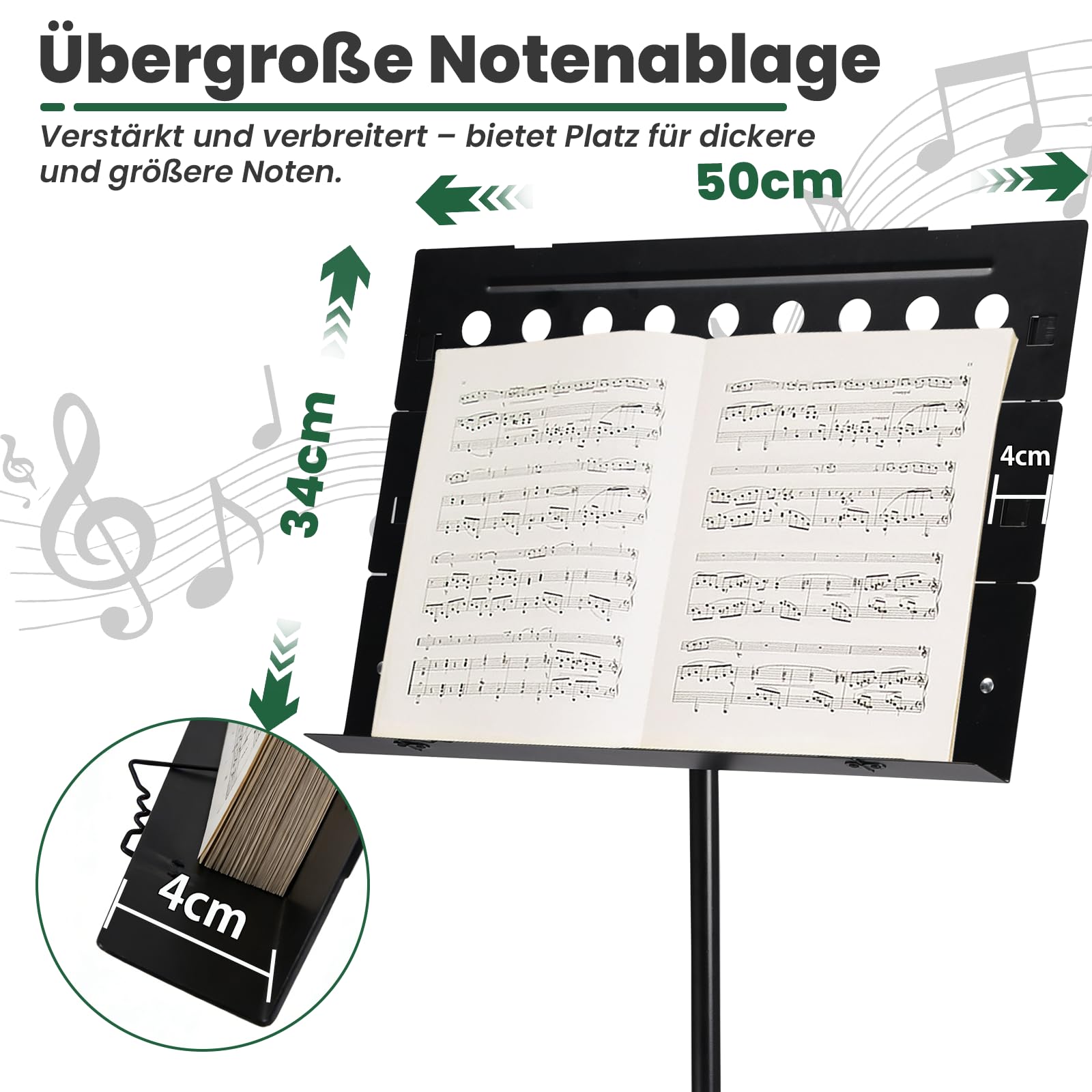 Professioneller Notenständer, höhenverstellbar (49-113cm) robuster Music Stand für Konzert und Reise, Notenständer Klappbar inklusive mit Metall-Dreibein, belüftete Platte & Transporttasche (Schwarz)