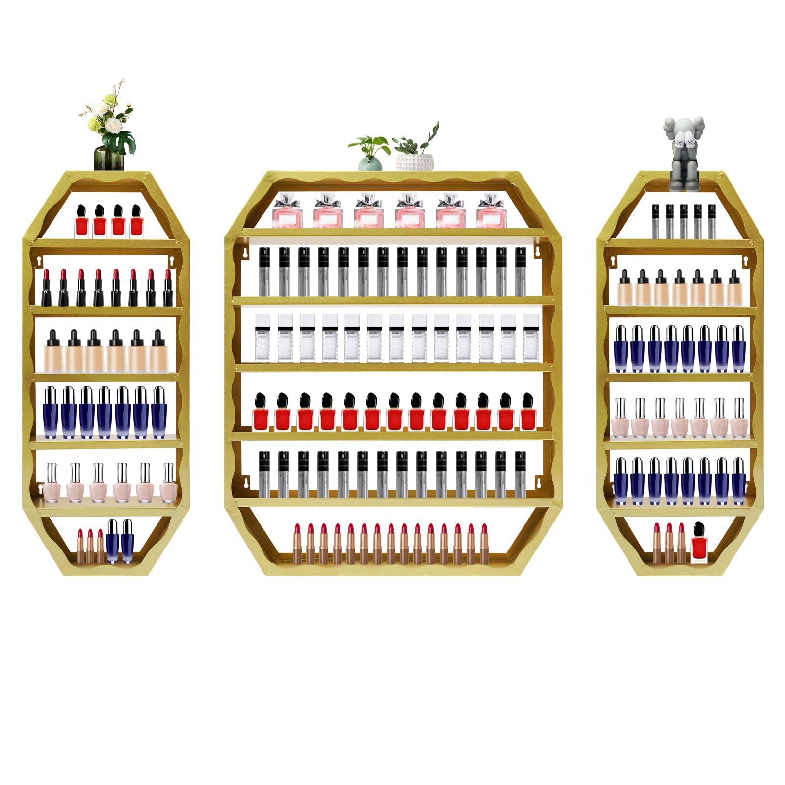 CRYBY 3Pcs Nail Polish Display Rack, Wall-Mounted Nail Polish Storage Rack Iron Nail Polish Organizer with 1 Middle Rack & 2 Side Racks, Nail Polish Display Stand Nail Polish Holder Shelf (Gold)