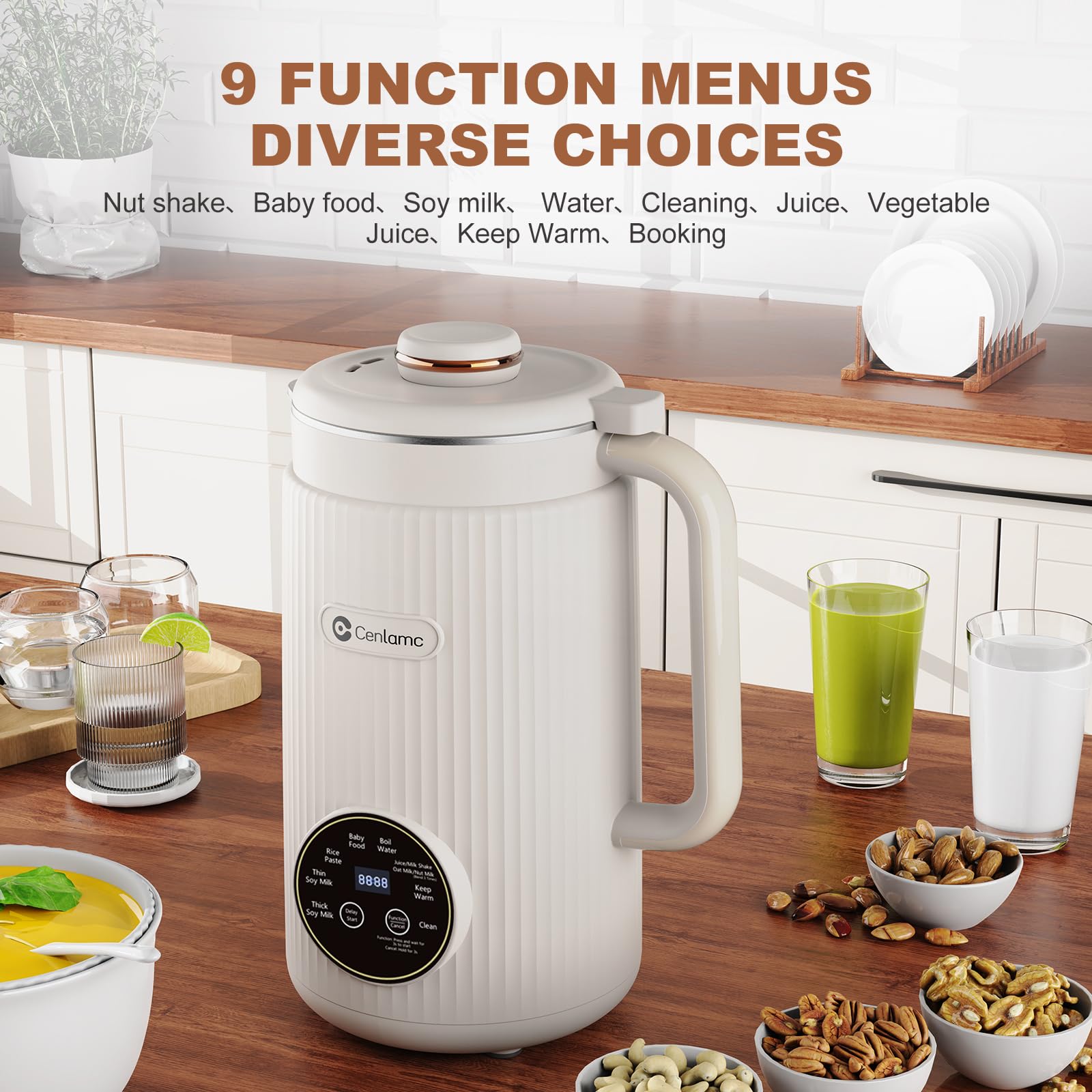 Cenlamc Nut Milk Maker,35oz Automatic Homemade Almond,Soy,Oat, Plant-Based Milk,Juice,with 12 Blades/Self-Cleaning/12H Timer/Boil Water,White