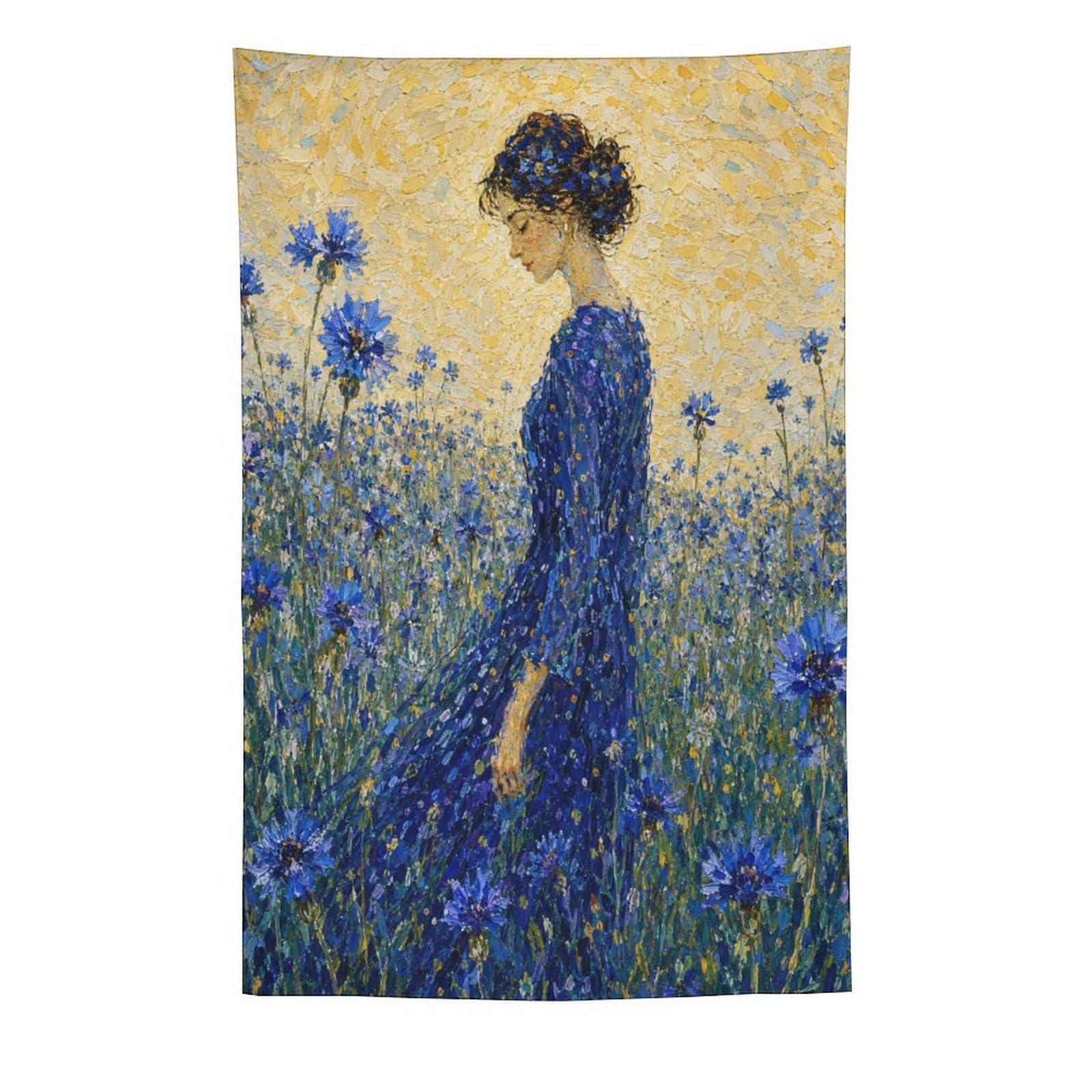 H3B8U2Y5 Woman in Blue Flower Field Wall Tapestry, Impressionist Art