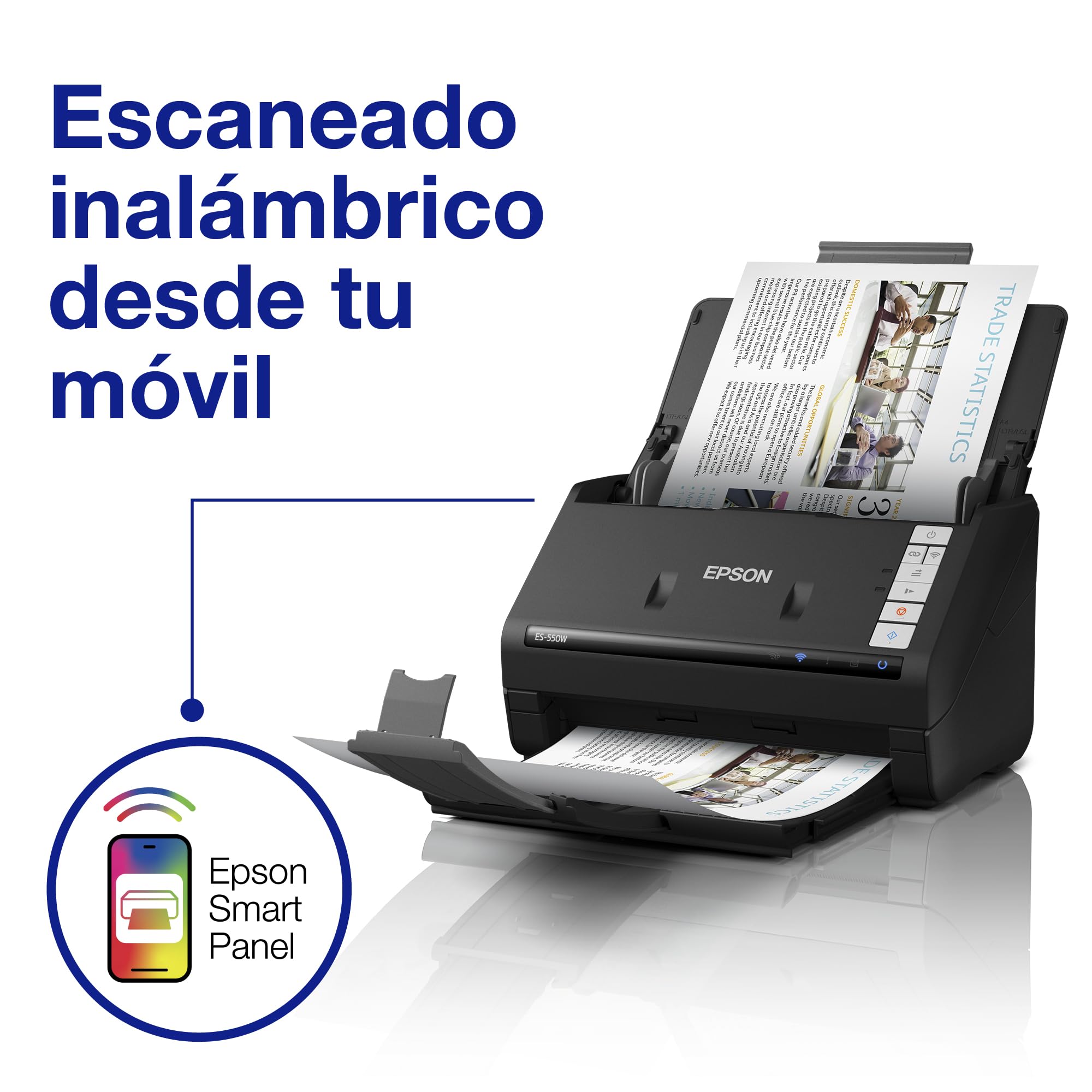 Epson Workforce ES-550W Escáner de Documentos inalámbrico | 45 ppm / 90 ipm | Alimentador automático de Documentos de 100 Hojas | Color | Conectividad USB | hasta A4