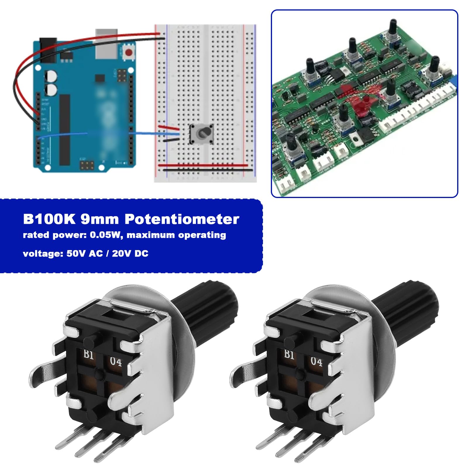 The Lord of the Tools 10PCS Logarithmic 9mm Potentiometer 100K Ohm 6mm Knurled Shaft 25mm Shaft Length for PCB or Panel Mount Applications Use with Communications Equipment Consumer Goods - Image 2