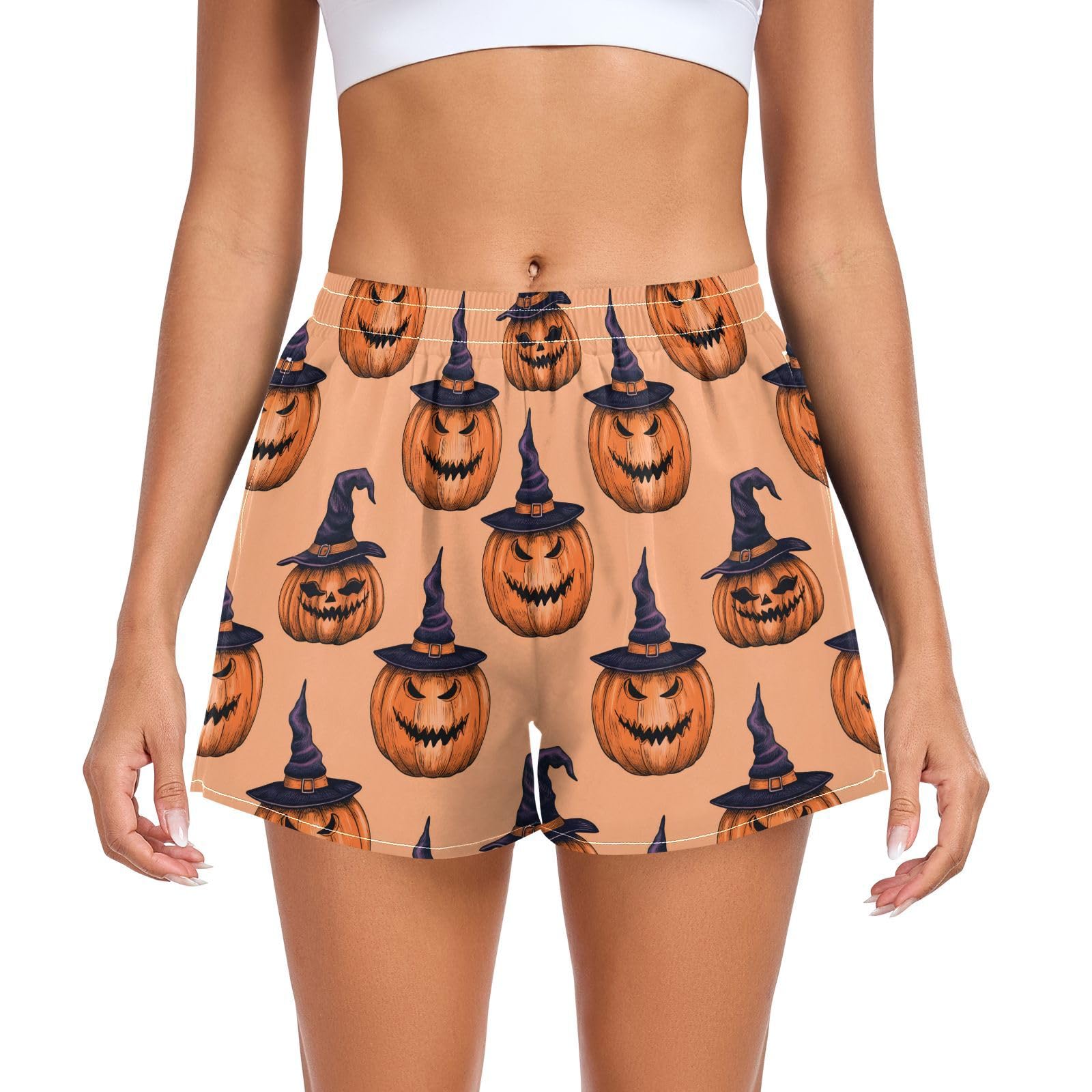 Women Athletic Shorts Halloween Pumpkins Witch Hats Running Shorts for Women 2XL 202c1145