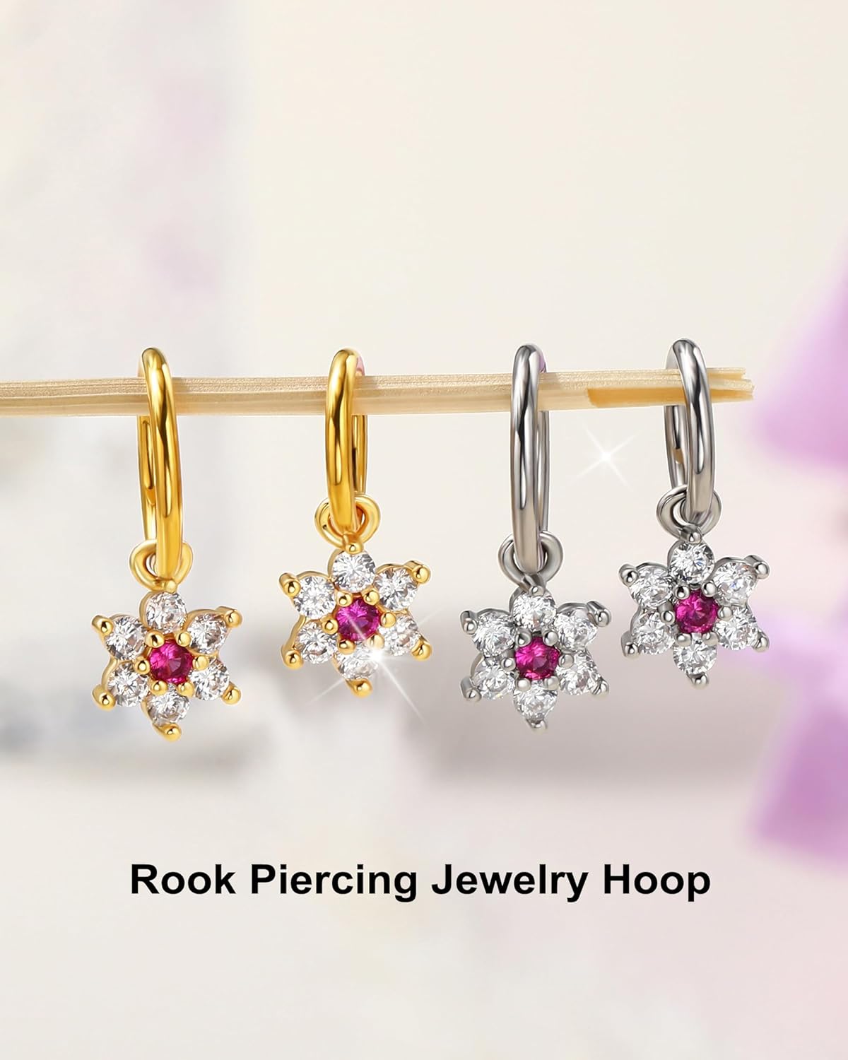 Jewseen Rook Piercing Jewelry Ruby Flower 16G 316L Surgical Steel Dangle Rook Earring for Women 6MM 8MM Gold Helix Daith Earrings Cartilage Lobe Earrings Hoop Nickel Free - Image 7