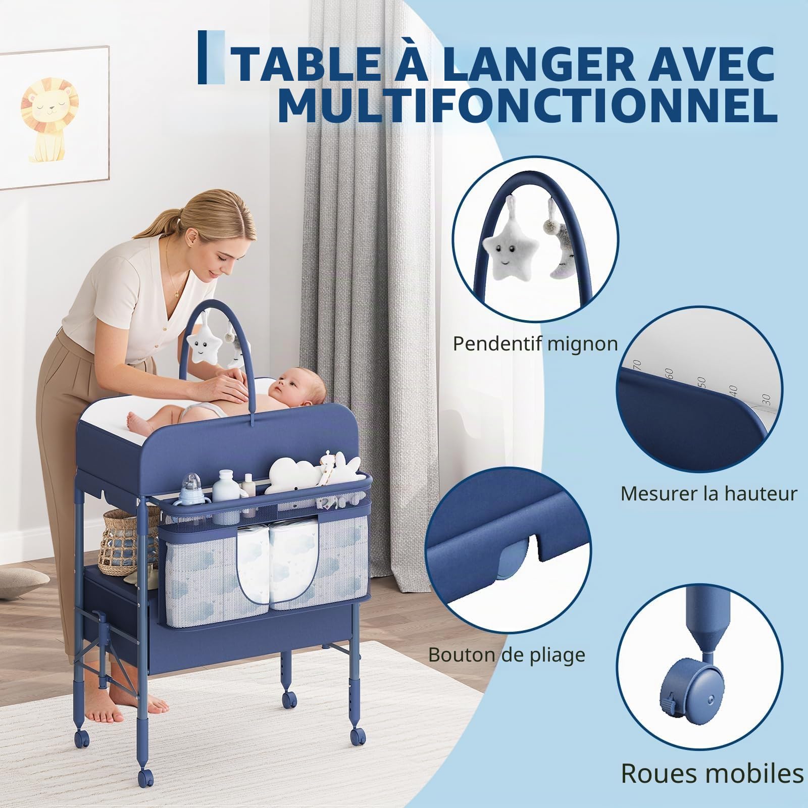 Table à Langer Bébé Pliante, 2 Tiroirs, 4 Hauteurs Réglables, 4 Roulettes Verrouillables, Ceinture De Sécurité, Matelas Imperméable, Mesure De La Hauteur, Bleu