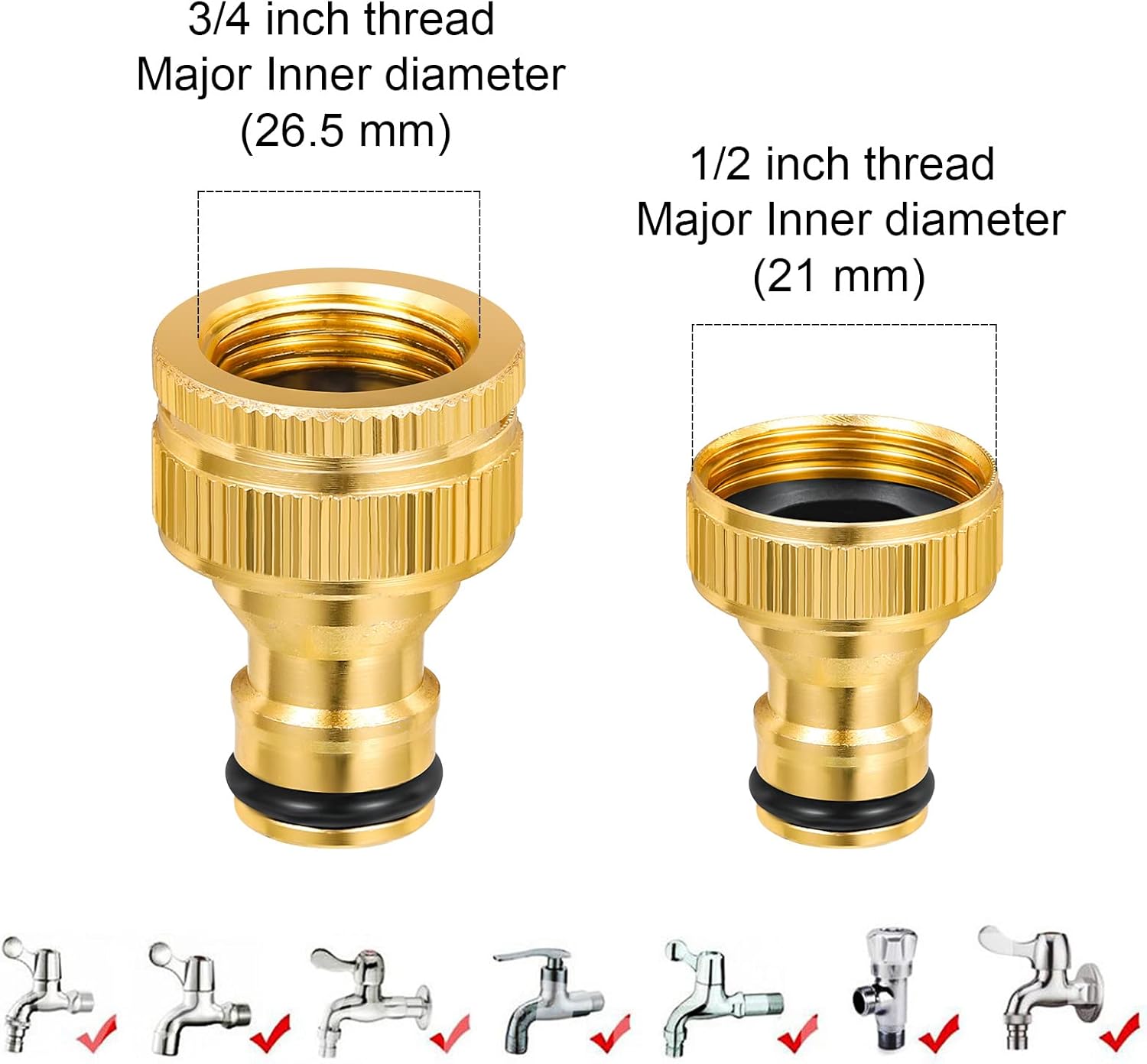 Dacitiery 2 Pack Brass Garden Hose Tap Connectors, 3/4 inch & 1/2 inch