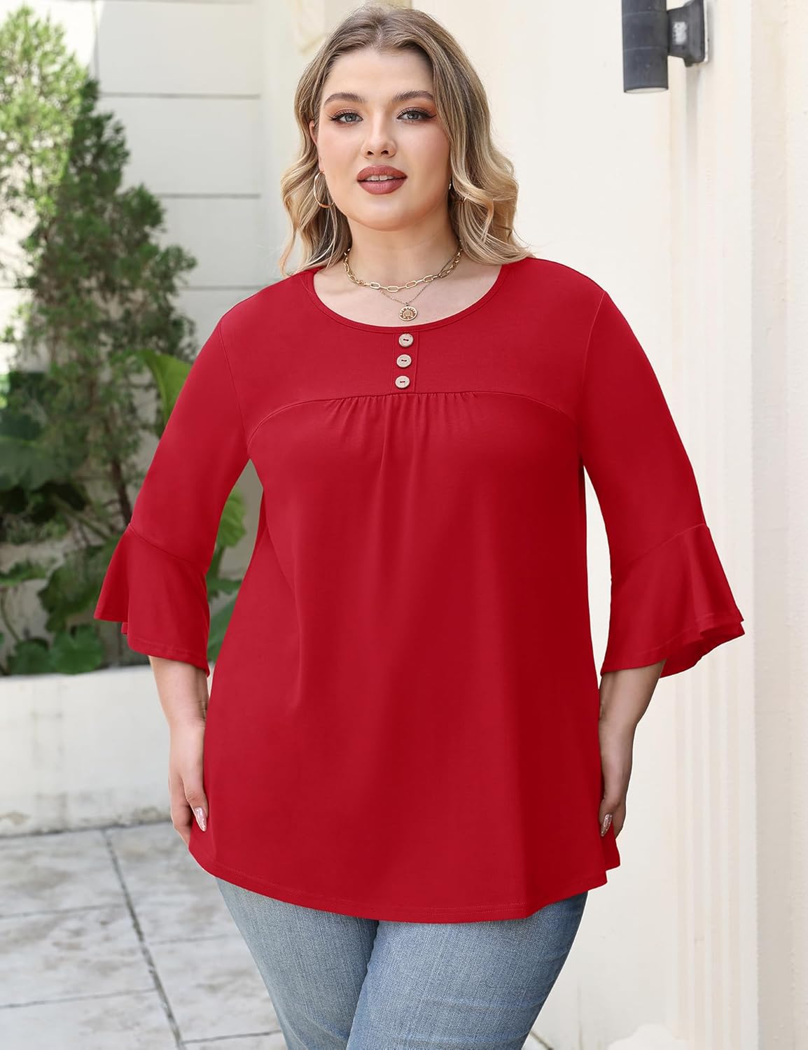 Rapbin Plus Size Tops for Women 3/4 Ruffle Sleeve Crew Neck Button Down Pleated Blouses Casual Fashion Tunic (1X-5X) - Image 3