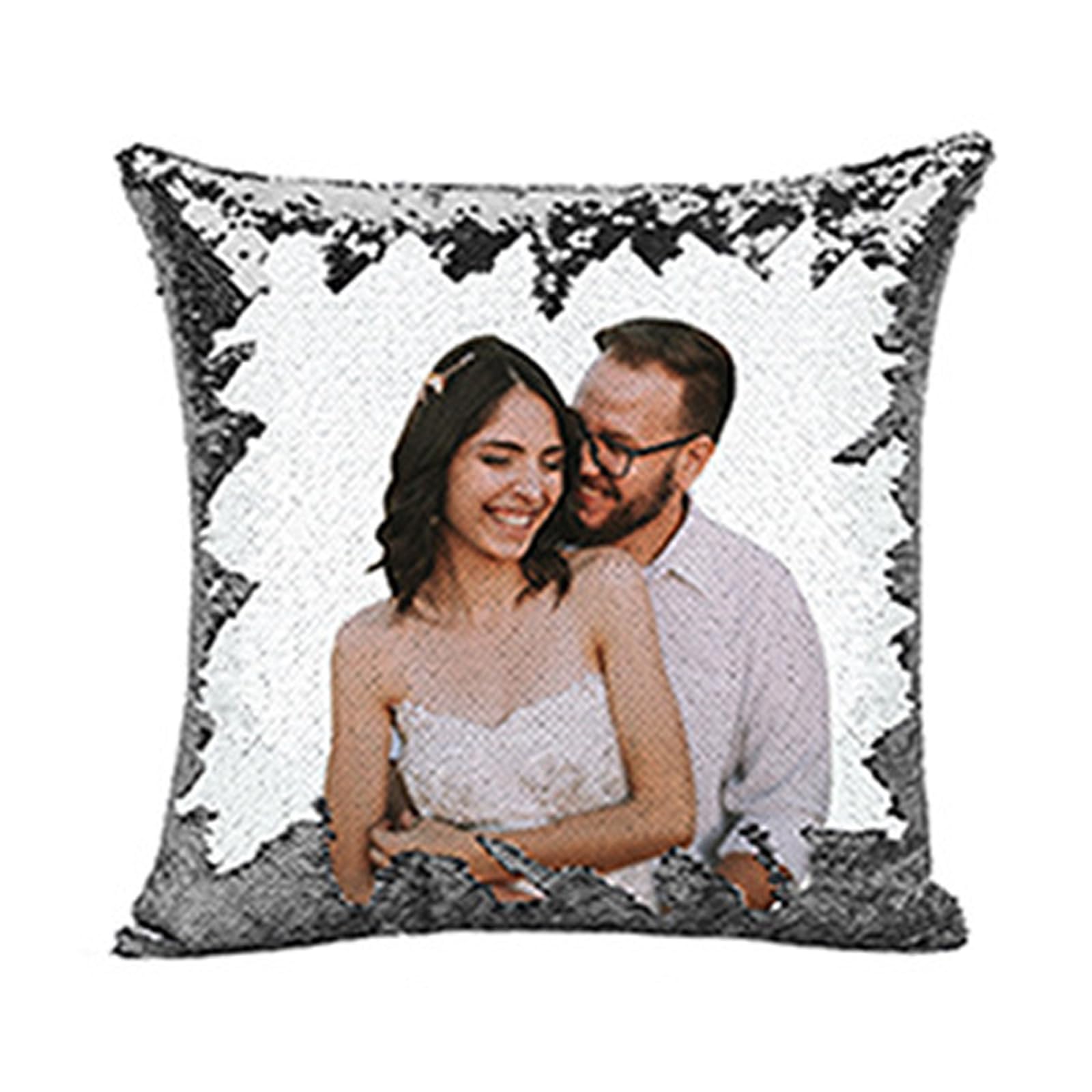 SEVSO Personalized Picture Magic Reversible Custom Throw Pillowcase, Custom Photo Sequin Pillow Cases, Magic Throw Pillowcase Home Decor Gift (Sequins + Plush,Silver)