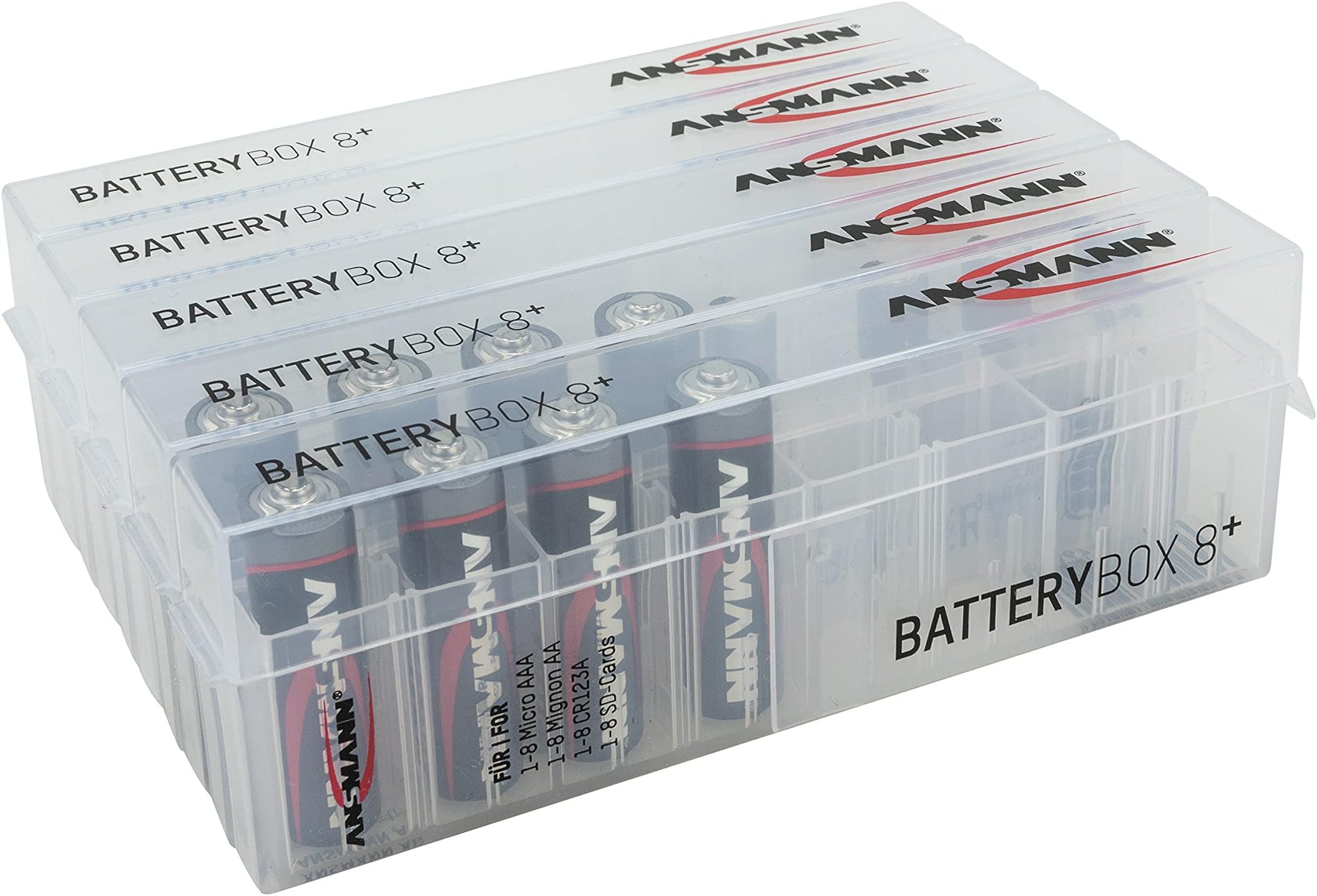 Ansmann 4000033 8-Way AA/AAA Battery Box Plus - ideal for storing your full and empty batteries - also stores memory cards - bundle of 5