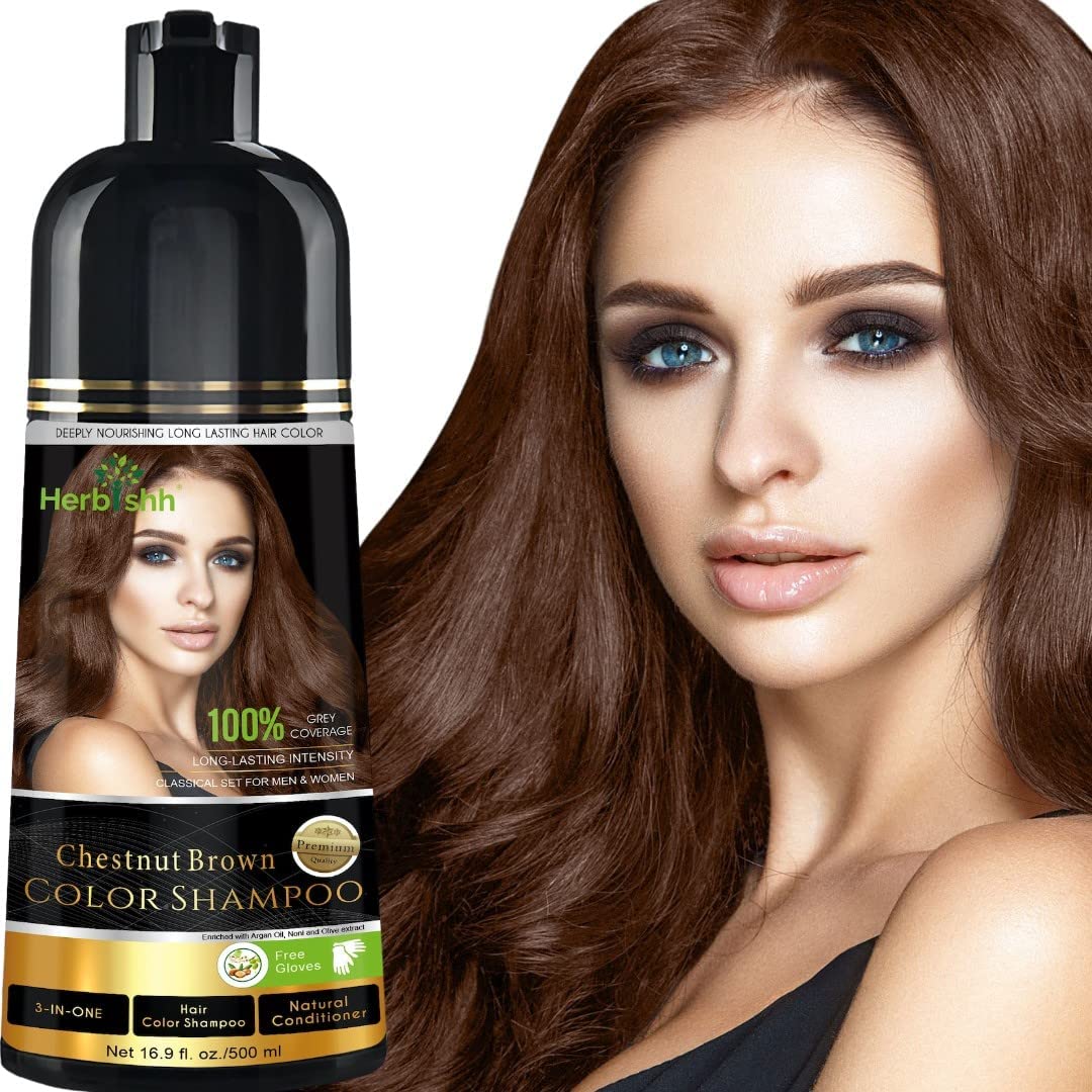 Herbishh Hair Color Shampoo for Gray Hair | Magic Hair Dye Shampoo | Colors Hair in Minutes Long Lasting 500 Ml 3 In 1 Hair Color Ammonia Free (Chestnut Brown)