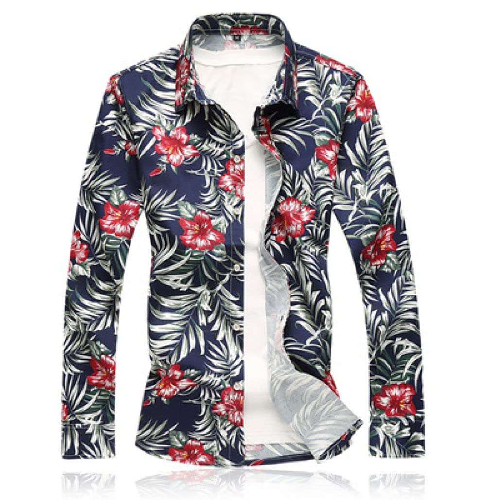 HGJH Hawaii Hemd Männer, Herrenhemd Große Größe Rot Morning Glory Blätter Drucken Hawaiihemd Kubakragen Schwarz Lange Ärmel Button Down Weiches Strandhemd Henley-Shirt Für Männer Jungen