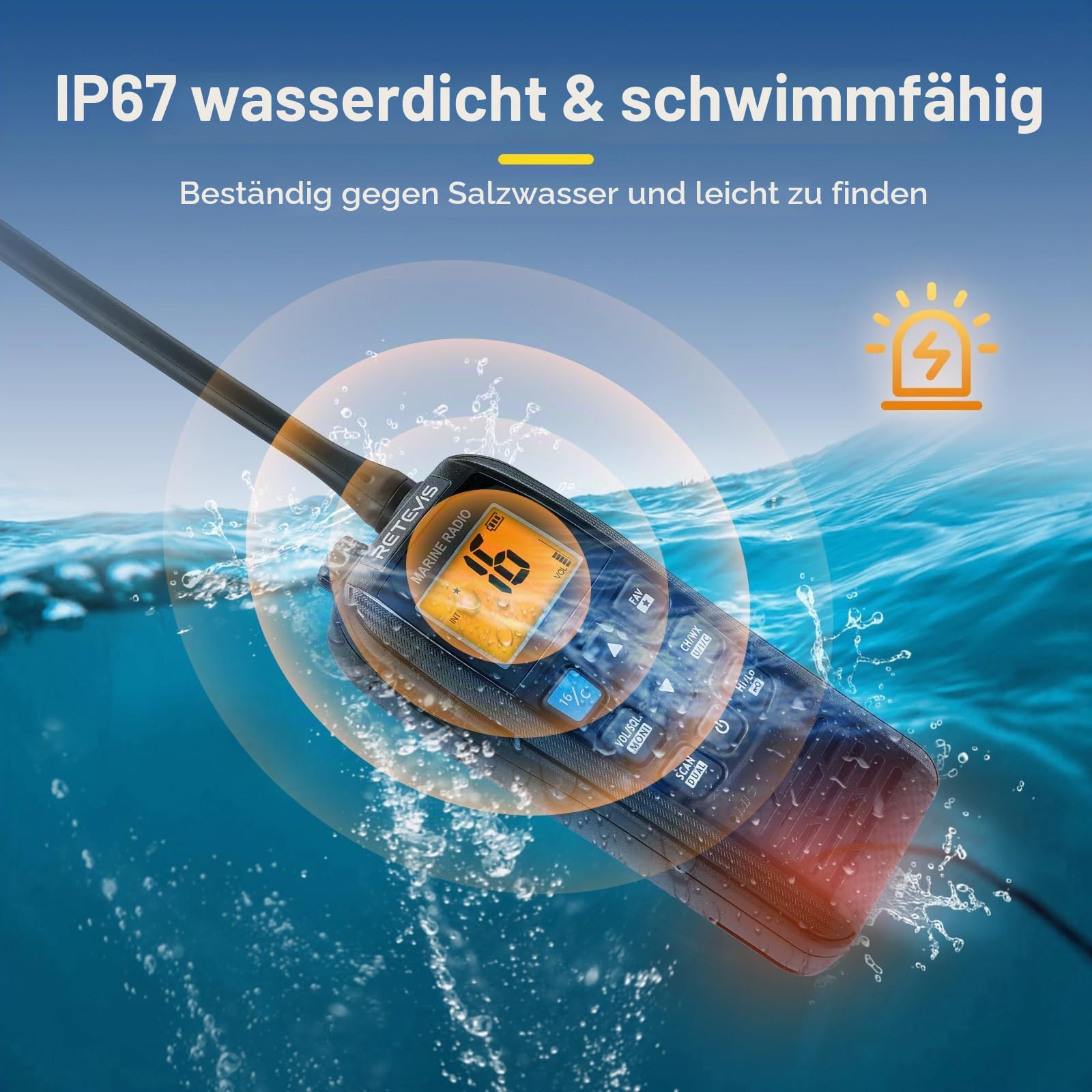 Retevis RM22 Marine Radio, Seefunkgerät mit Großer Reichweite für Angeln | IP67 Wasserdichtes Handfunkgerät, 2200 mAh, 900 mW Audio, Schwimmend Alarmierend für Kajakfahren(1 Stück)