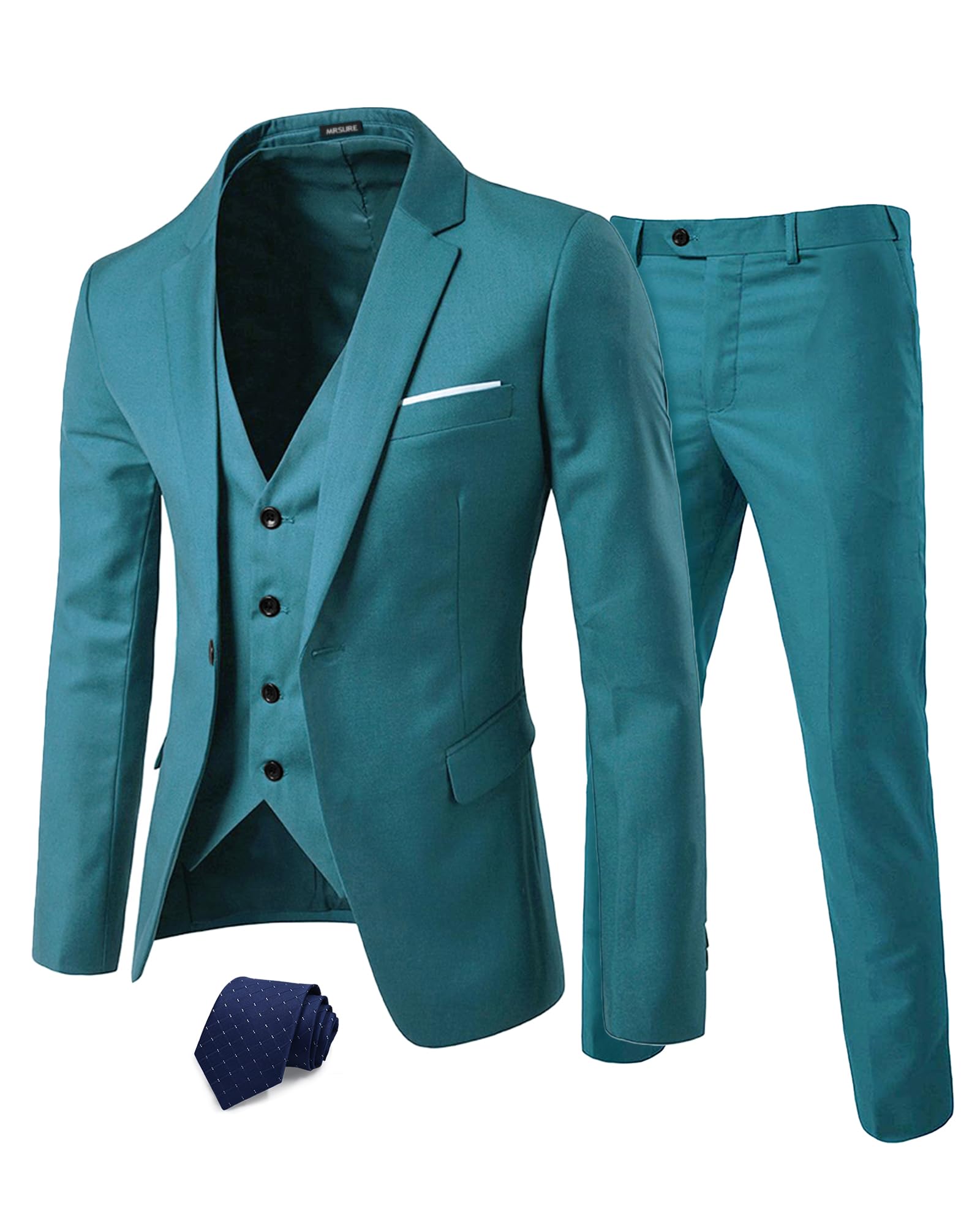 MrSure Men’s 3 Piece Suit Blazer, Slim Fit Tux with One Button, Jacket Vest Pants & Tie Set for Party, Wedding and Business, Green, XS