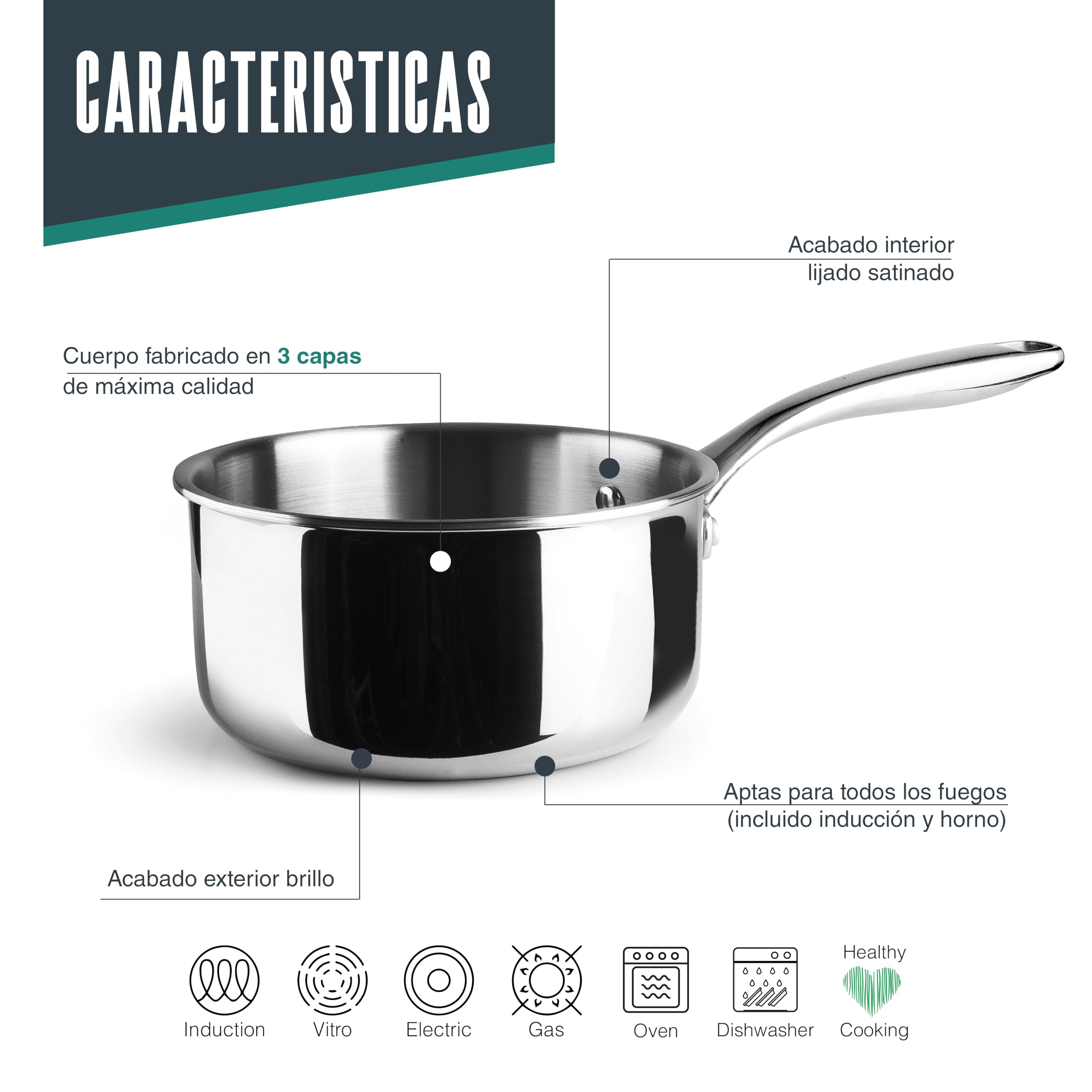 Lacor - 60868 - Cazo Trichef, 2,5 L, 18 cm, Tricapa de Acero Inoxidable 18/10 y Aluminio 1060, Mango de Acero Fundido, Apto para Inducción, Horno y Lavavajillas