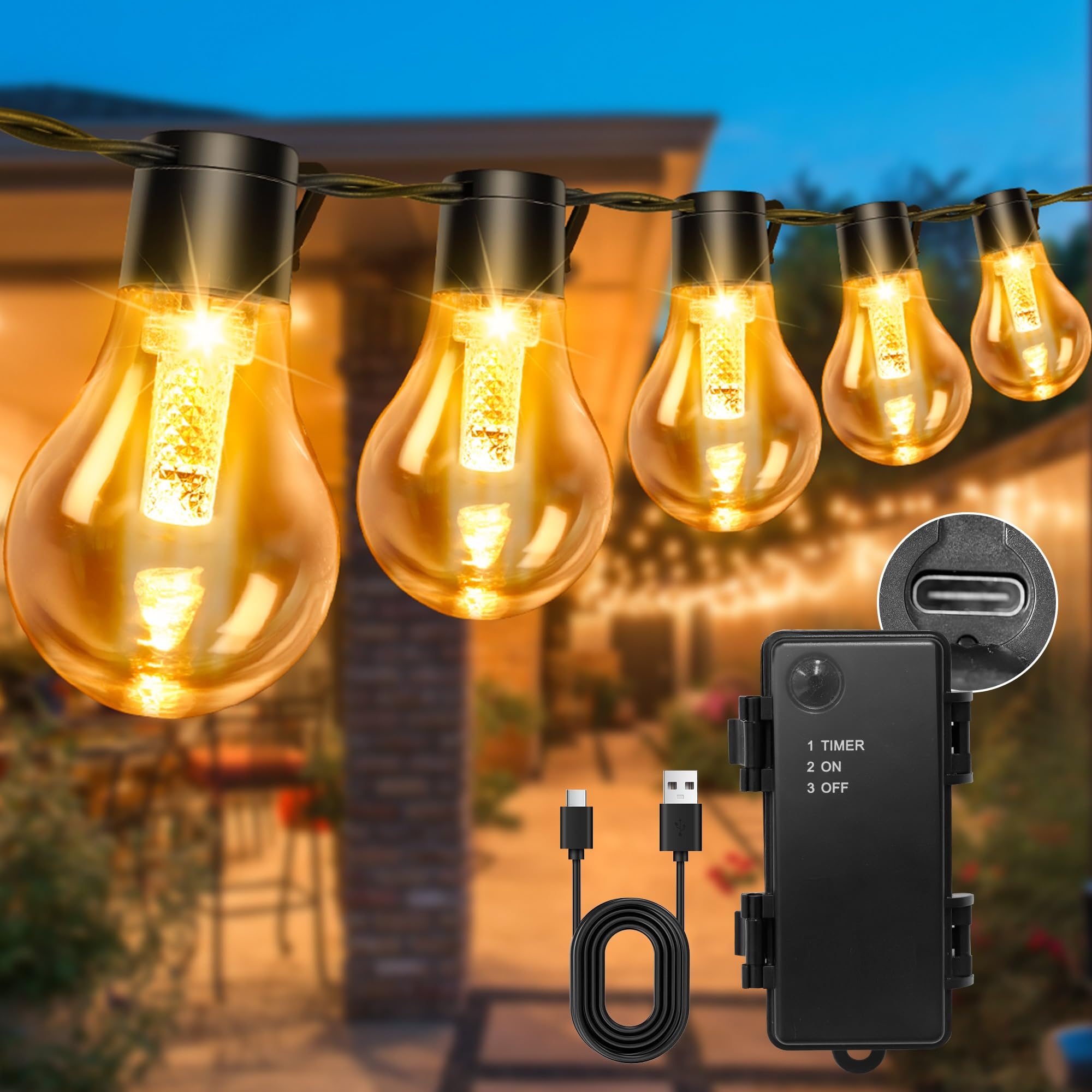 Cadena de luces LED para exteriores, con temporizador, 9 m, 12 bombillas A60, USB, recargable, 5000 mAh, para exteriores, Navidad, ventanas, escaleras, jardines, pabellones, bodas