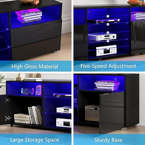 Miniatura 21 de Uspeedy Soporte de TV LED de alto brillo para televisores de 65 pulgadas, moderno centro de entretenimiento con estantes ajustables e iluminación