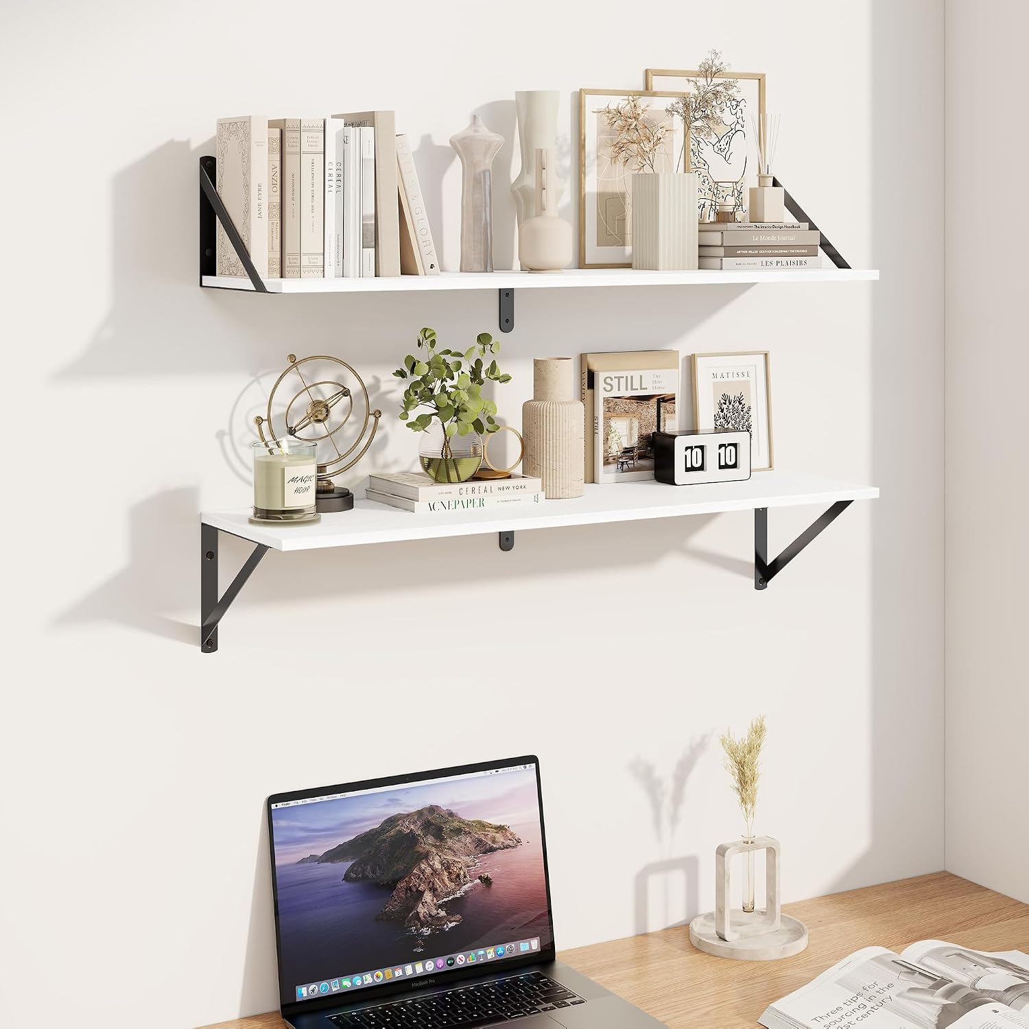 Heimlove White Deep Floating Shelves for Wall, 32W x 8D Wood Wall Shelves Set of 2, Wide Floating Bookshelf for Living Room, Kitchen, Office, Bedroom and Decor Storage, with Black Bracket - White image 5