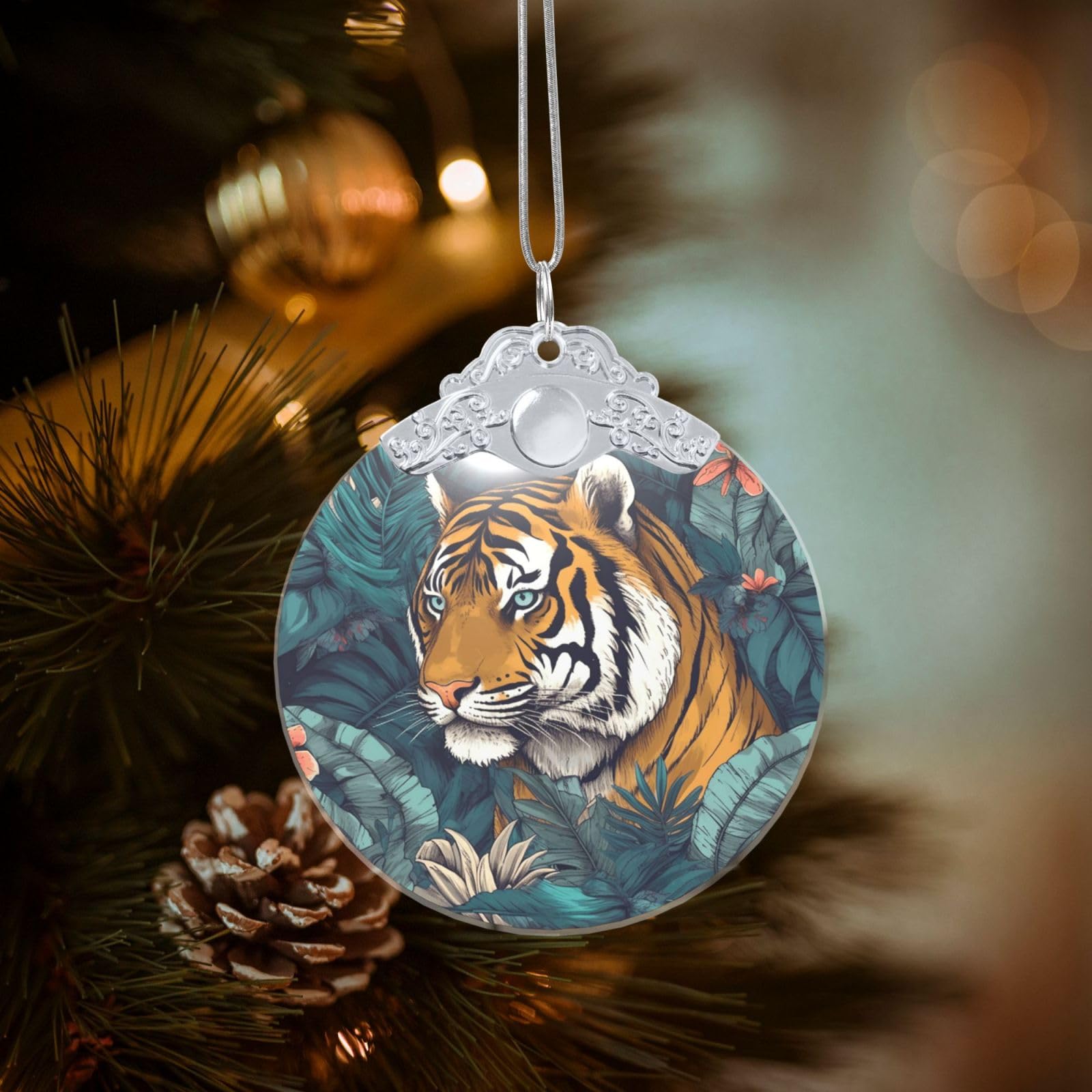 Crystal Christmas Ornaments for Christmas Tree Decoration Hanging Tropical Tiger Ornament with Gold Ribbon Crafts Round Pendant for Keepsake Gifts Glass Xmas Decor Party Supplies