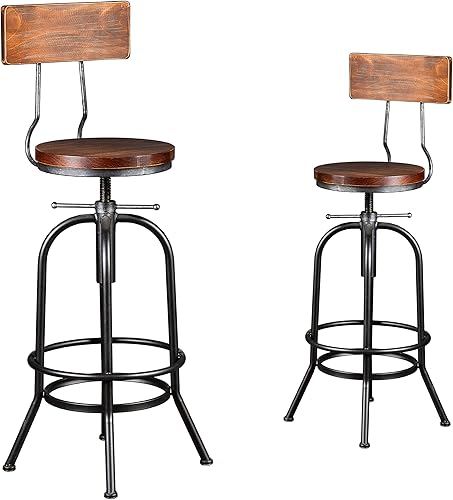 LOKKHAN Taburete de bar industrial de 26 a 32 pulgadas, ajustable, giratorio, de madera, metal, taburete de cocina, rústico, altura de bar, extra