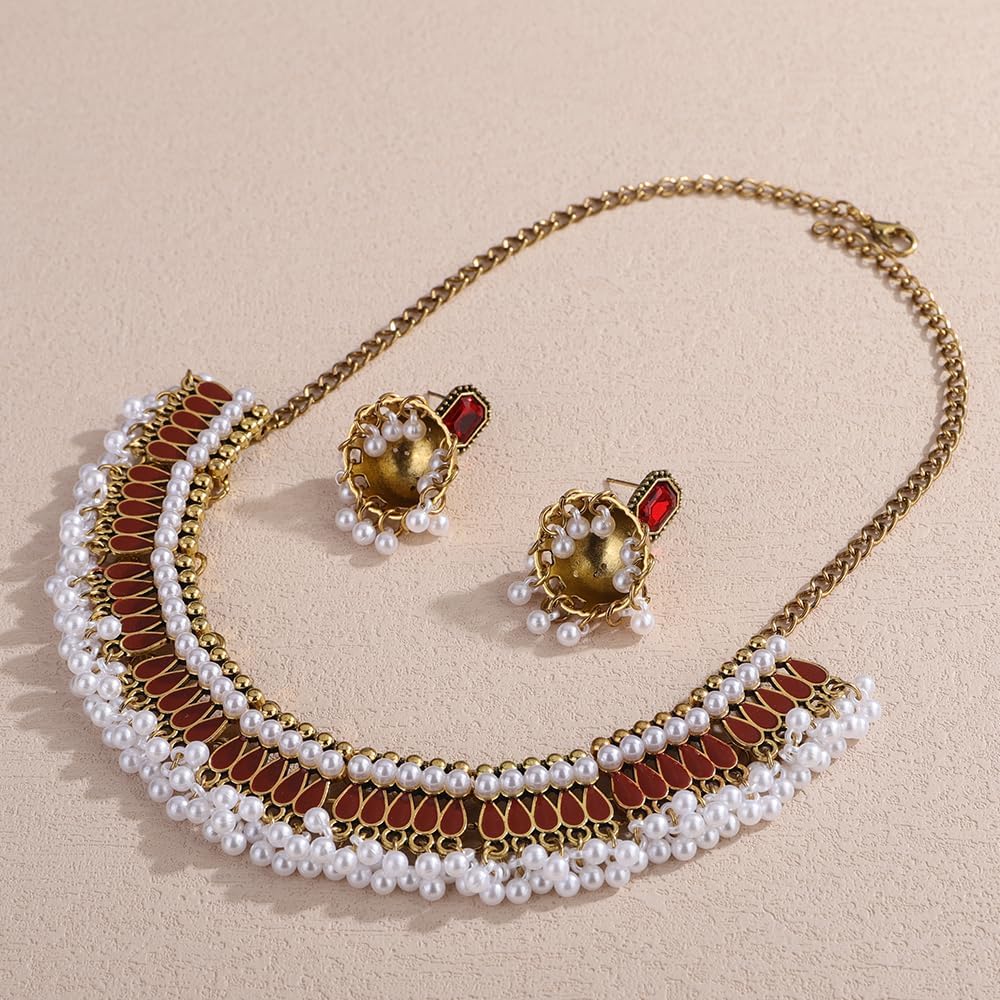 Traditional Indian Jewelry Set Vintage Indian Jhumka Earrings Faux Pearls Rhinestone Choker Necklace Bohemian Ethnic Necklace Earring Set Wedding Party Prom Jewelry for Women(3pcs) - Image 4
