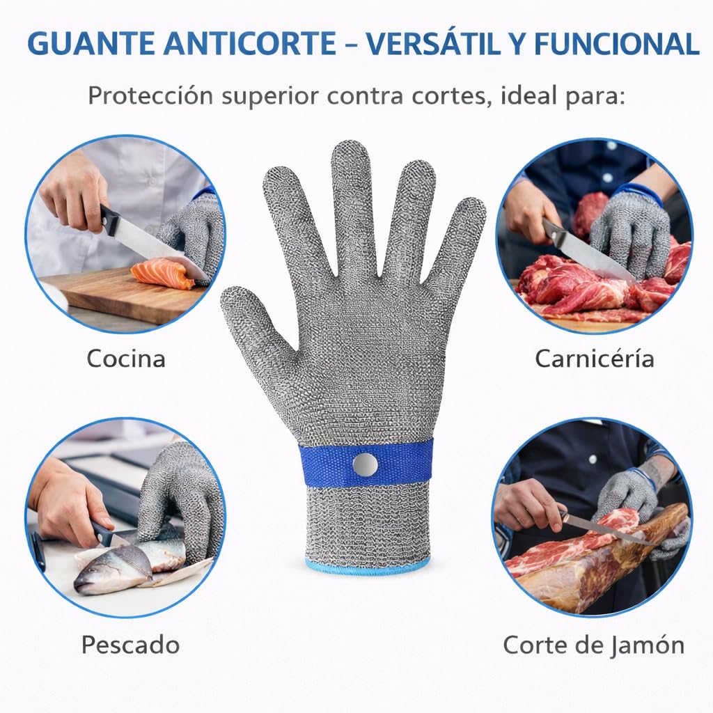 Guantes anticorte cocina nivel ANSI A9, protección integral de palma, dorso, dedos y muñeca, CE EN 388:2016 2 4 4 X F, con guante interior de nylon para mayor comodidad. (1, XL)