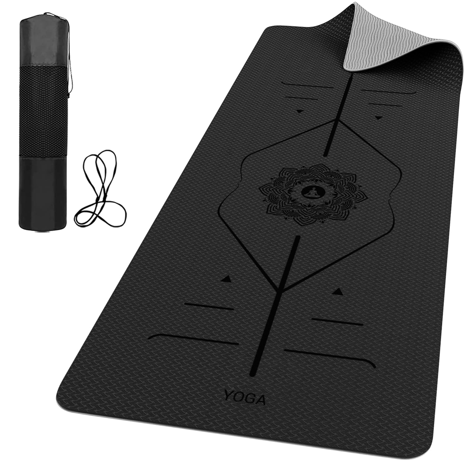 ROMIX Tappetino Yoga Antiscivolo Con Linee di Allineamento, 6mm Tappetino Palestra Professionale con Borsa per il Trasporto e Tracolla, Yoga Mat, Leggero Tappeto Pilates per Fitness, Allenamento