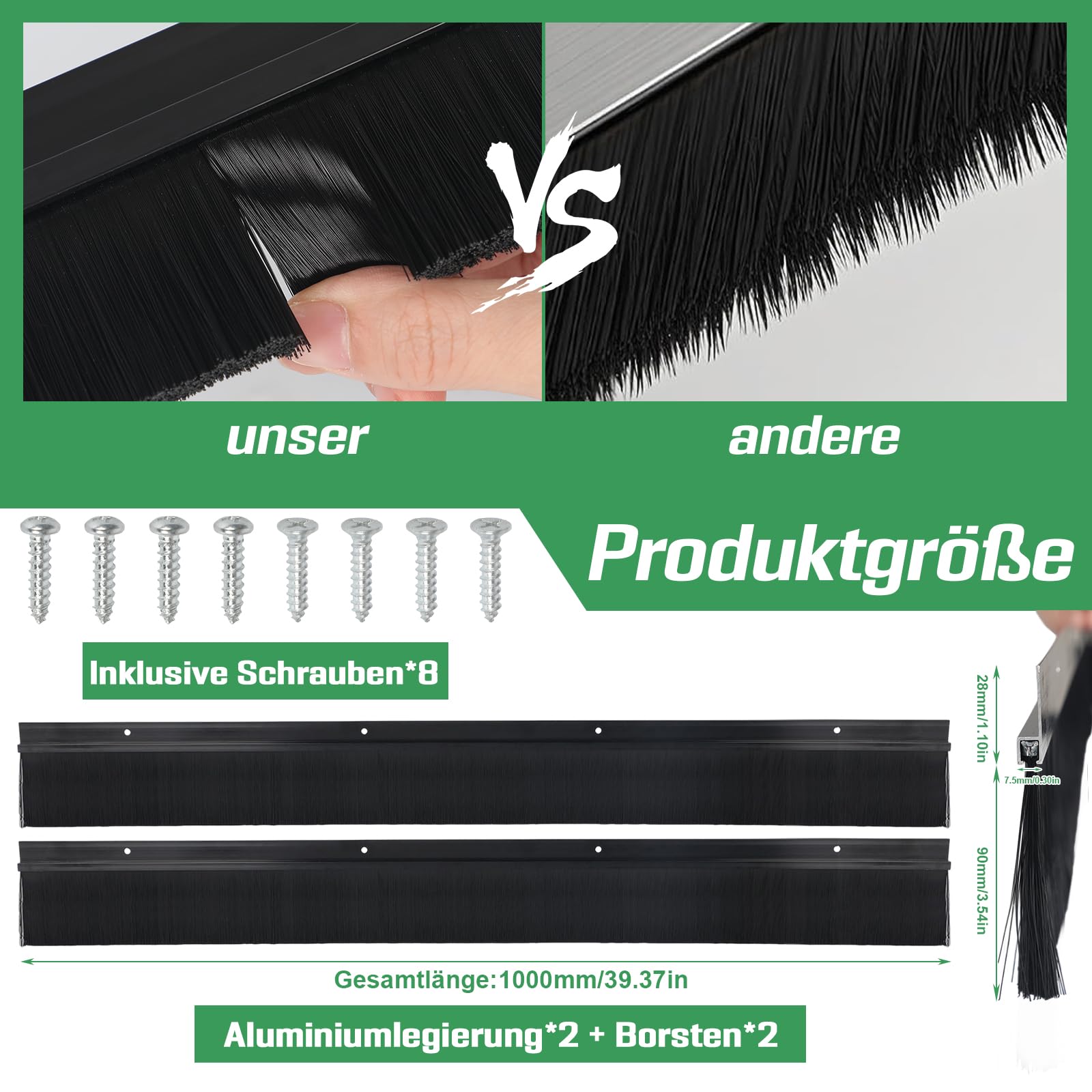 Joint brosse en 2 parties, brosse à bande, joint de porte en aluminium profilé en H, brosse de porte avec brosse en PP pour une utilisation intérieure et extérieure, (100x9cm)