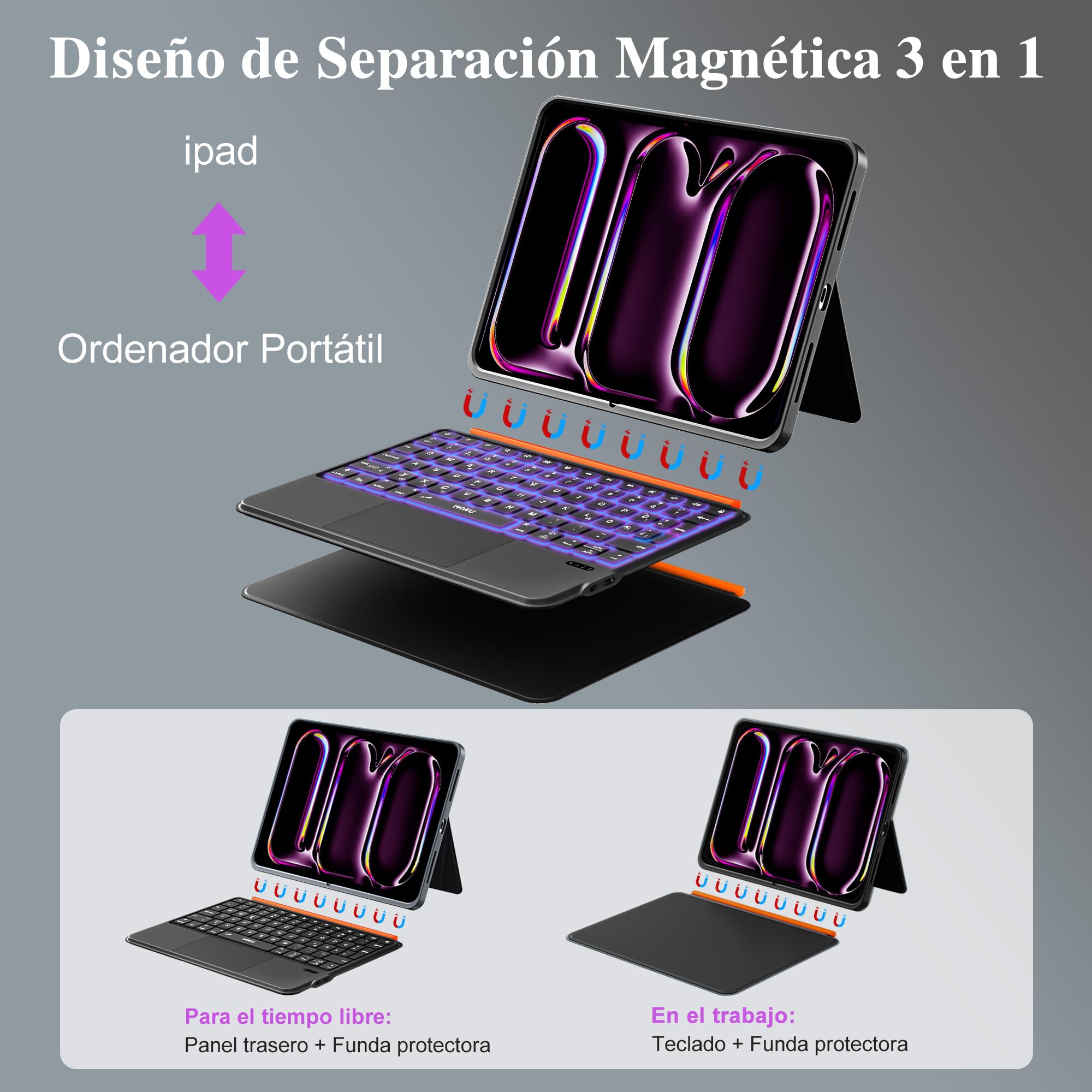 WIWU Funda Teclado para iPad Pro 13 M4/M5 2024/2025 Carcasa Magnética 3 en 1 Desmontable Teclado con Touchpad Soporte Ajustable Teclas Retroiluminadas 7 Colores (Negro, iPad Pro 13"(M4/M5 2024/2025)